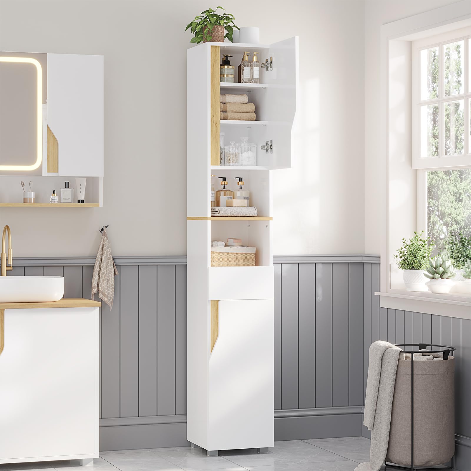 Meuble Colonne Salle de Bain, Meuble de Rangement avec Étagères Réglables, Tiroir, 2 Étagères Ouvertes, Armoire Rangement Haute Gain de Place,Armoire de Salle de Bain, 30 x 30 x 180 cm, Blanc