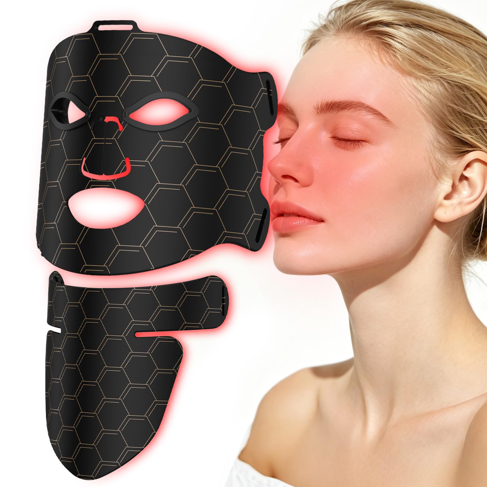 Masque LED Visage Cou 7 Couleurs 5 Luminosité Minuterie | Masque LED avec 7 couleurs, 5 niveaux de luminosité et minuterie, pour visage et cou, adapté à tous les types de peau