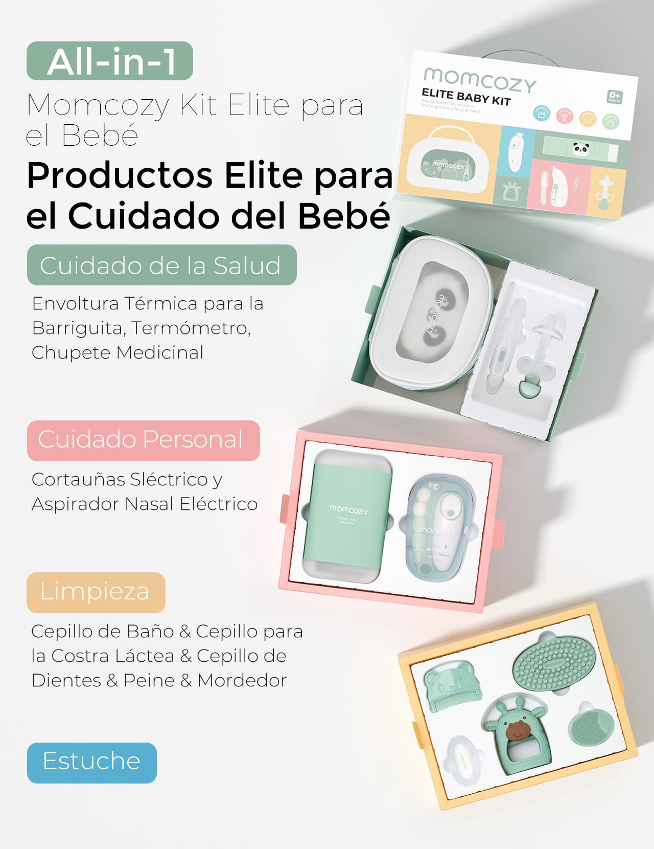 Momcozy Elite Kit Bebe, Neceser Bebe para Cuidado & Limpieza, Cosas para Bebes Recien Nacidos Incluye Electrico Lima Uñas & Aspirador Nasal, Cinturón de Vientre, Termometro, Cepillo Dientes y de Baño