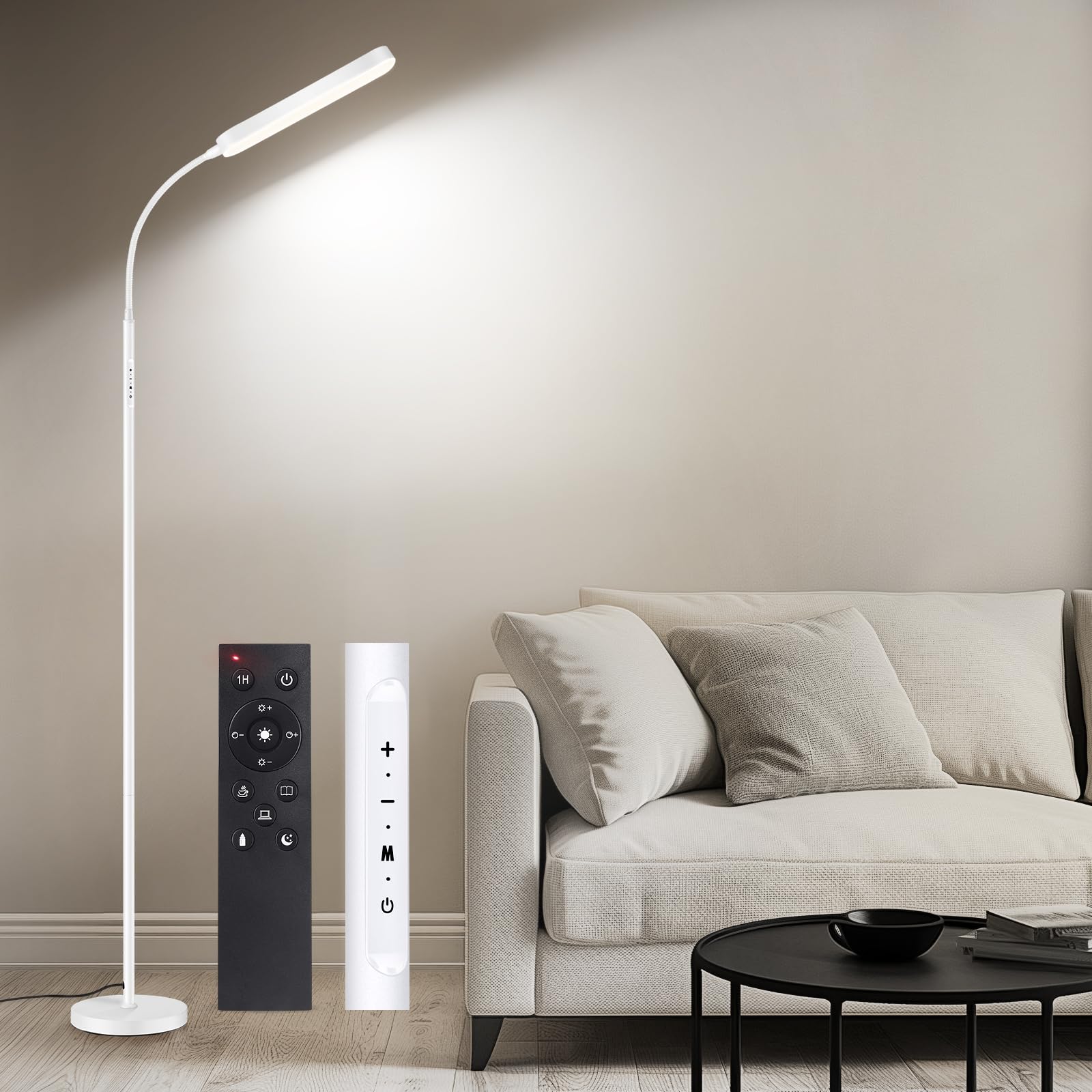OUTON Lampada da Terra LED Dimmerabile, 12 W/1200 LM, Moderna | Lampada da Lettura Regolabile con 4 Temperature di Colore, Telecomando e Controllo Touch, illuminazione per Soggiorno, Bianco