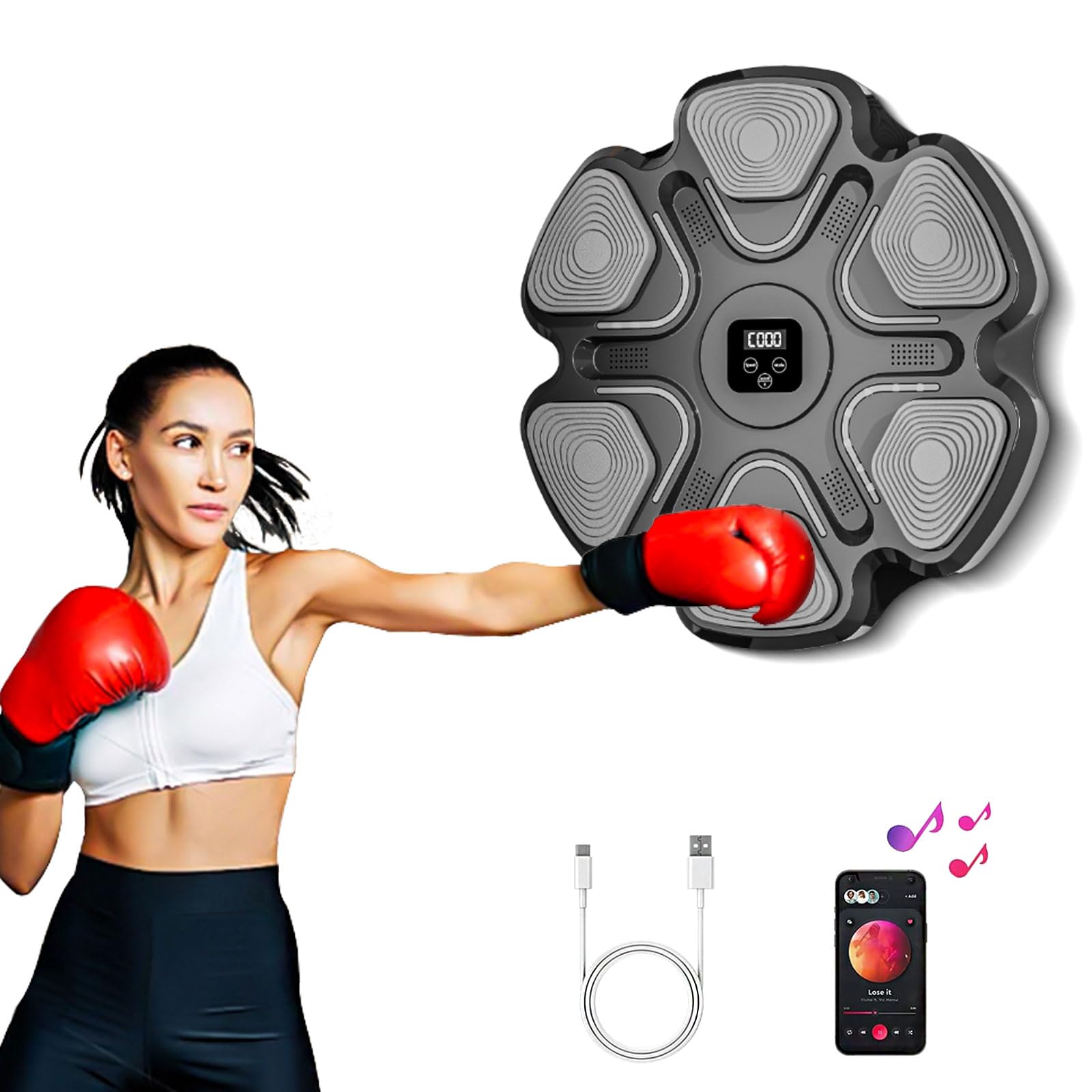 Music Boxing Machine, Bluetooth Boxing Training Target with LED Lights, Wall-Mounted Punching Pad for Men Women Adults Kids, 9 Speed Modes, Digital Display