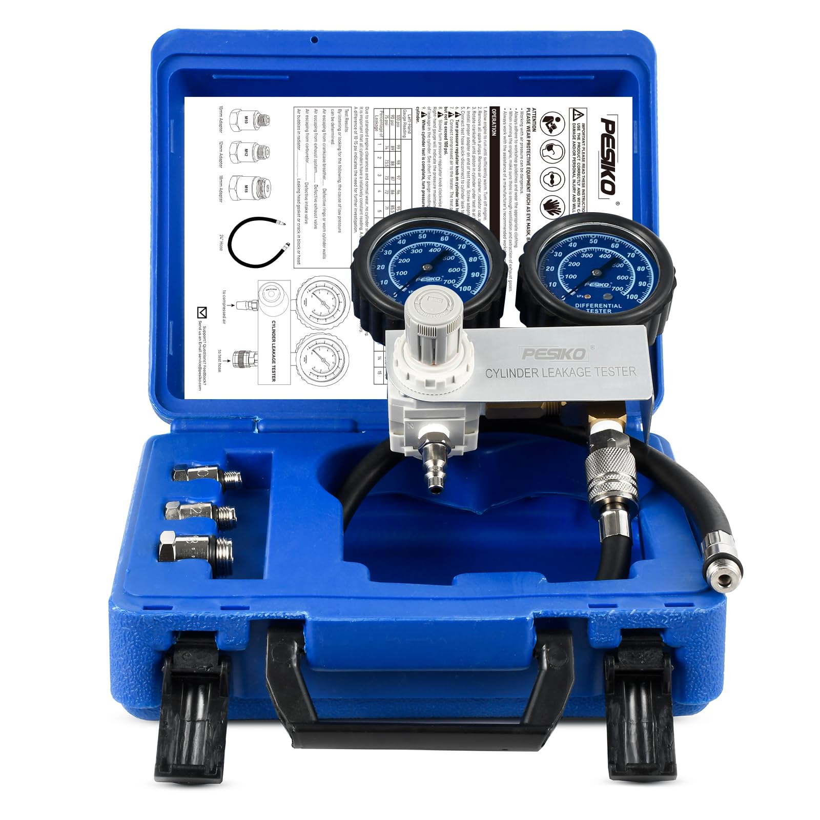 Druckverlustprüfer KFZ mit Doppel-Manometer (0-100 PSI/700 kPa), Prüfset für Zylinderdichtigkeit an Benzinmotoren, inkl. Adapter für 10-18 mm Zündkerzen