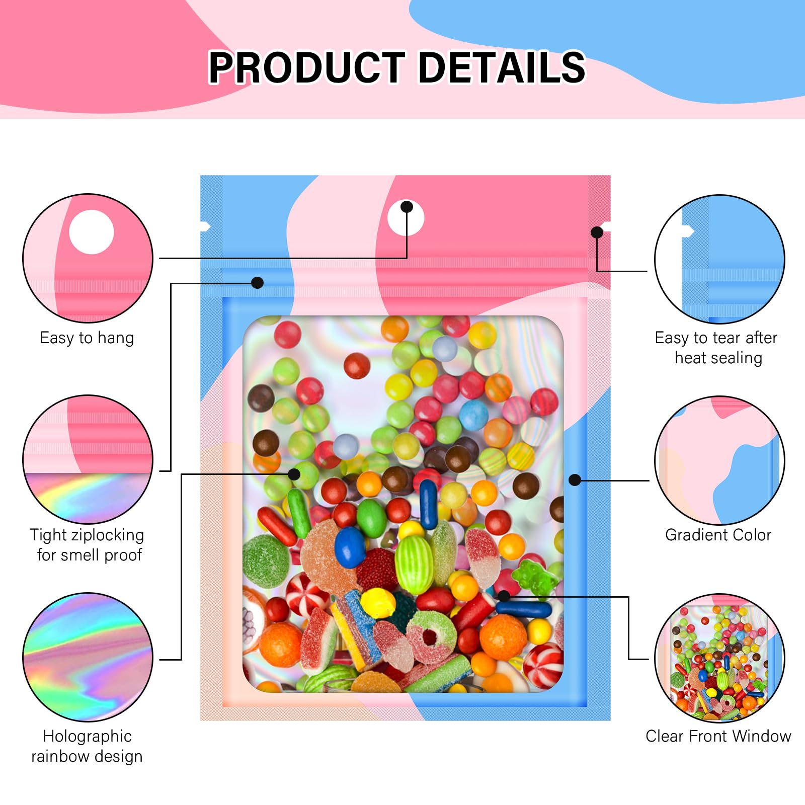 Bolsas Resellables De Embalaje Holográficas, 300 Unidades, Color Morado Con Ventana Transparente Para Almacenamiento De Alimentos Pequenas Empresas