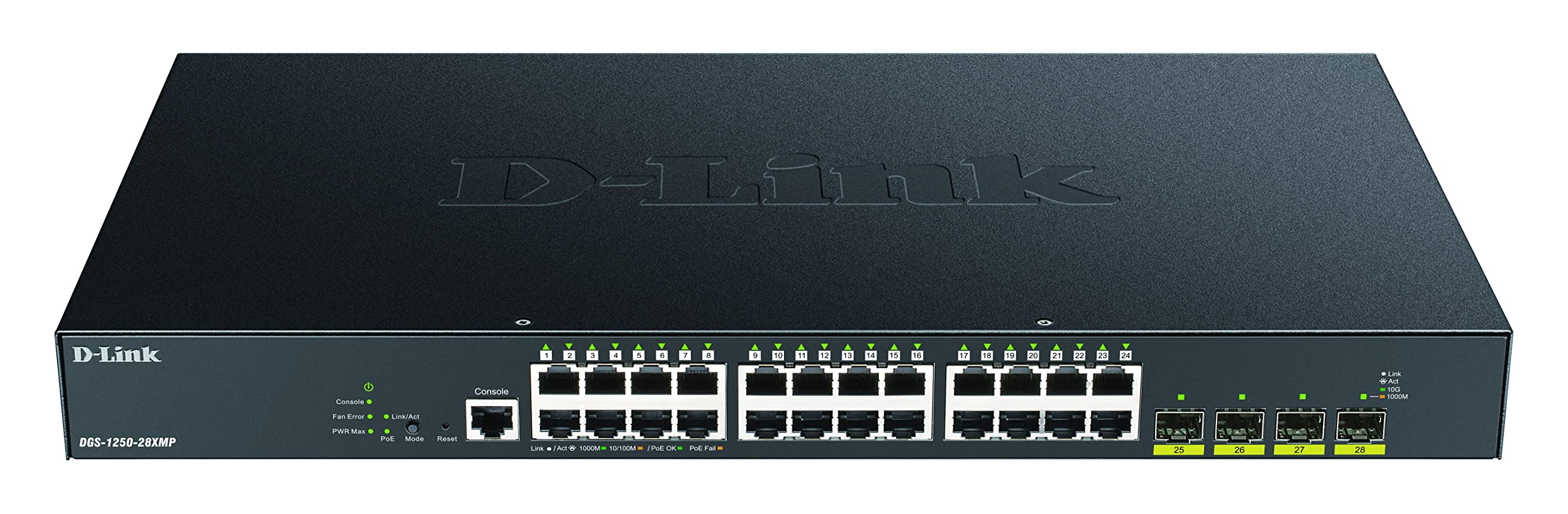 D-Link DGS-1250-28XMP/E, 28-Port Layer 2-3 Smart Managed Gigabit Switch (24x BaseT PoE+ Port, 4 x 10G SFP+ Slot, 370 W PoE-Kapazität) - Nur EU-Netzkabel