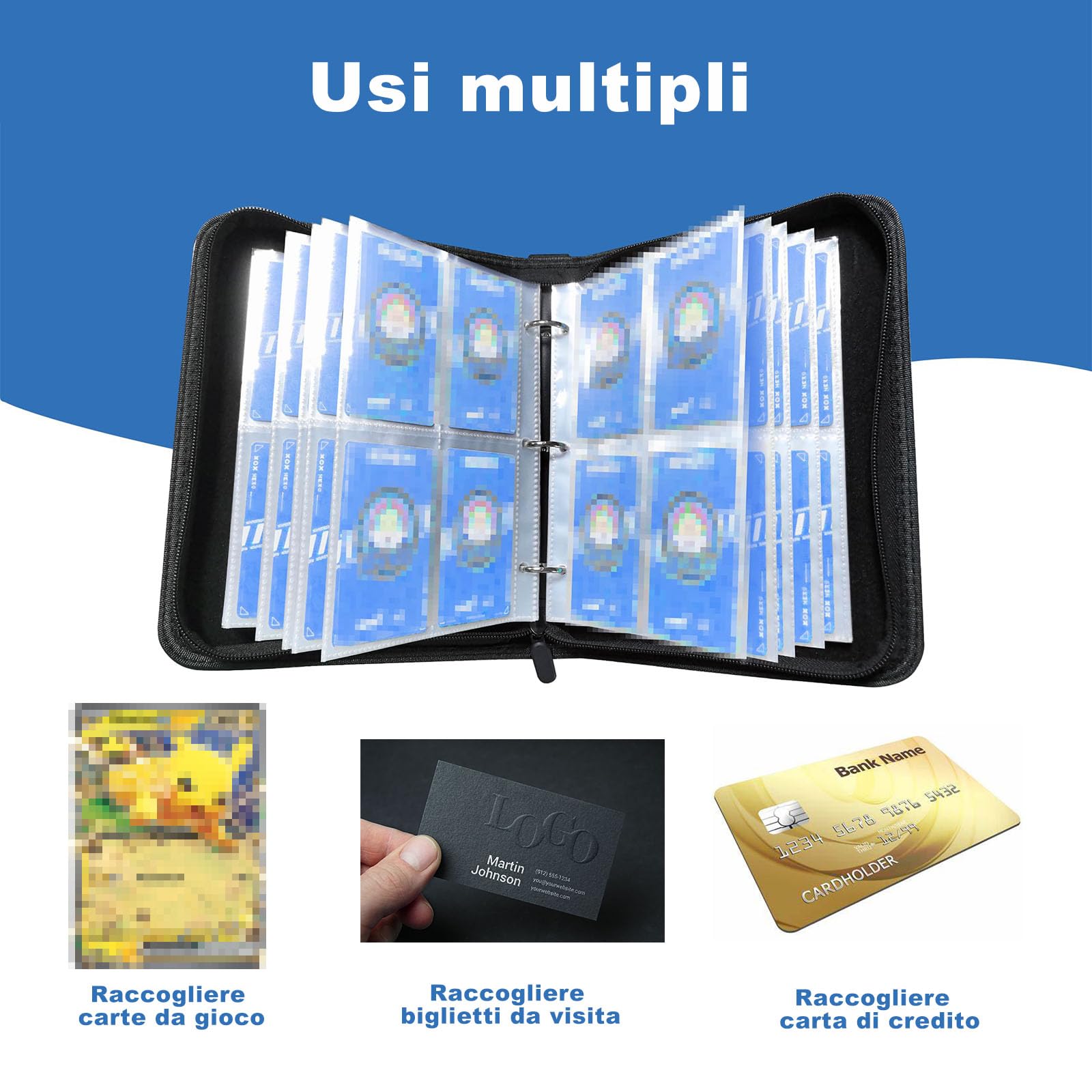 HOPAISH Raccoglitore Carte, Album Carte Collezionabili, Libro Porta Carte Con Cerniera, 50 Pagine Con Maniche Rimovibili e Cerniera, Può Contenere 400 Carte, Blu