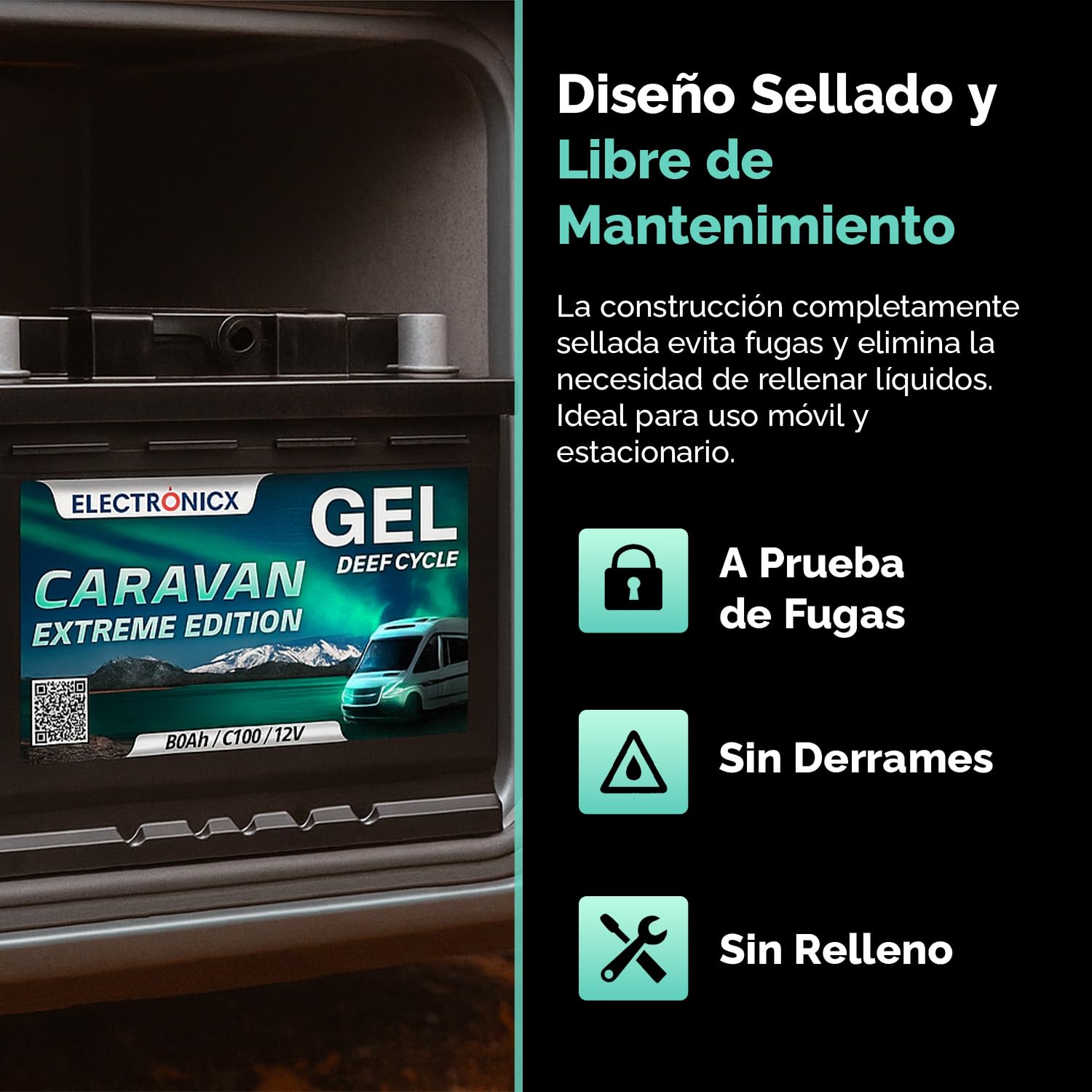 Elektronicx 12 V 80 Ah Batería de Gel – Batería de ciclo profundo sin mantenimiento, ideal para autocaravanas, barcos, aplicaciones solares, camping y sistemas de energía fuera de la red.