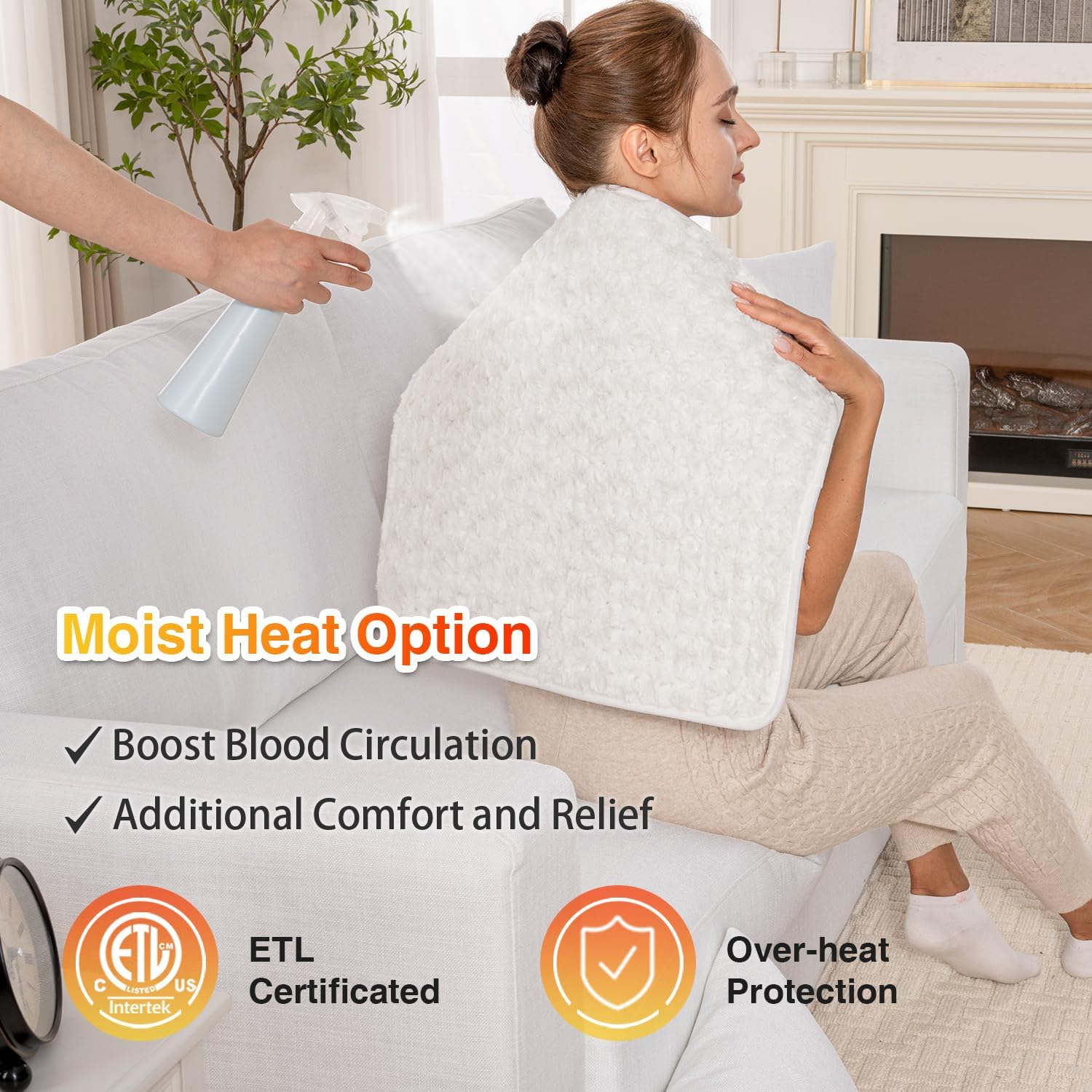 Woomer Faux Fur Electric Heating Pad for Back Pain Relief, Extra Large 20” x 24”, Extended Coverage from Neck to Hip, Two-Sided, Moist Mode, ETL Certified, 6 Adjustable Heats & 2H Auto-Off,White