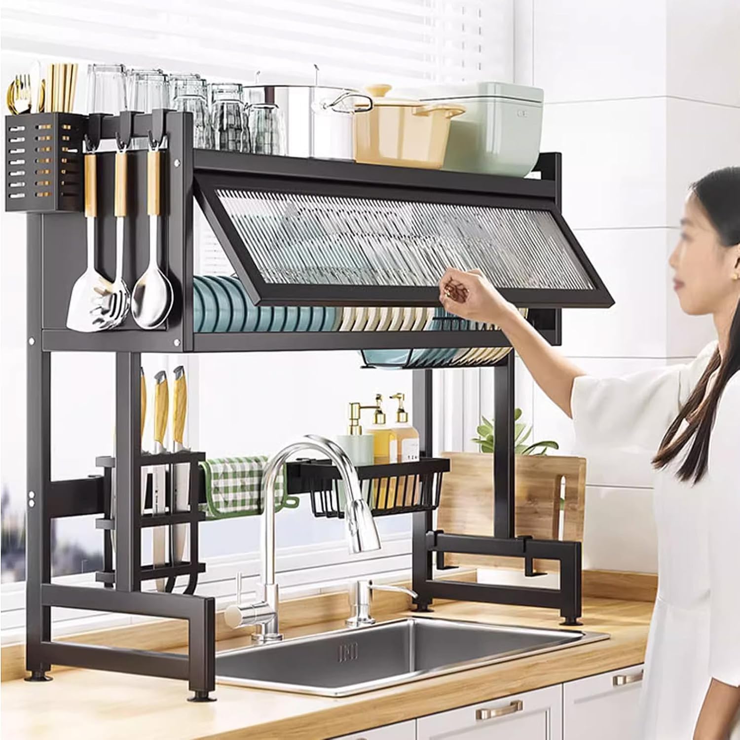 OGMOYT Dish Drying Rack, 2 Tier Dish Drainer Rack Large with Cutboard Stand,Utensils Cutlery Drainer,Kitchen Dish Draining Racks Black Over The Sink,Black,65Cm,Black75Cm