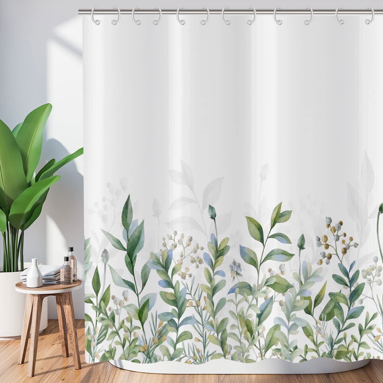 ASDCXZ Leaves Shower Curtain 150x180 cm, Spring Simplicity Green Blue Leaves White Bath Washable Shower Curtains Polyester Textile Waterproof Bath Curtain for Bathtub with 10 Hooks — image 1