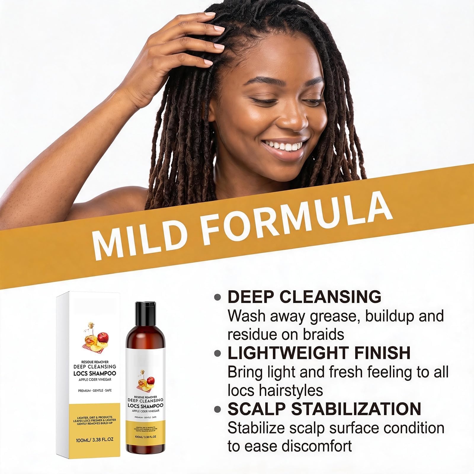 Champú para rastas con vinagre de manzana: Ligero y refrescante, limpia suave y profundamente la grasa y la suciedad de las trenzas, dejando el cuero cabelludo con una sensación de frescura.