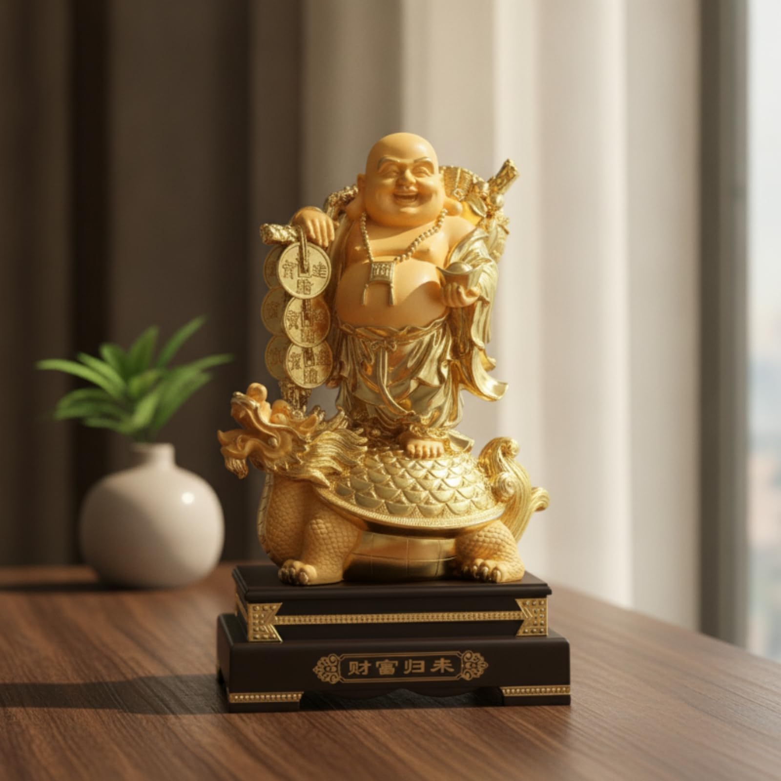 Buddha Statue Buddha Figur Buddha Skulptur Dekofiguren mit Schildkröte aus Harz in Goldoptik Symbol für Reichtum Und für Büro Zuhause, 24 Zoll, Glücksdrache Buddha Panlong Buddha, Sandgold