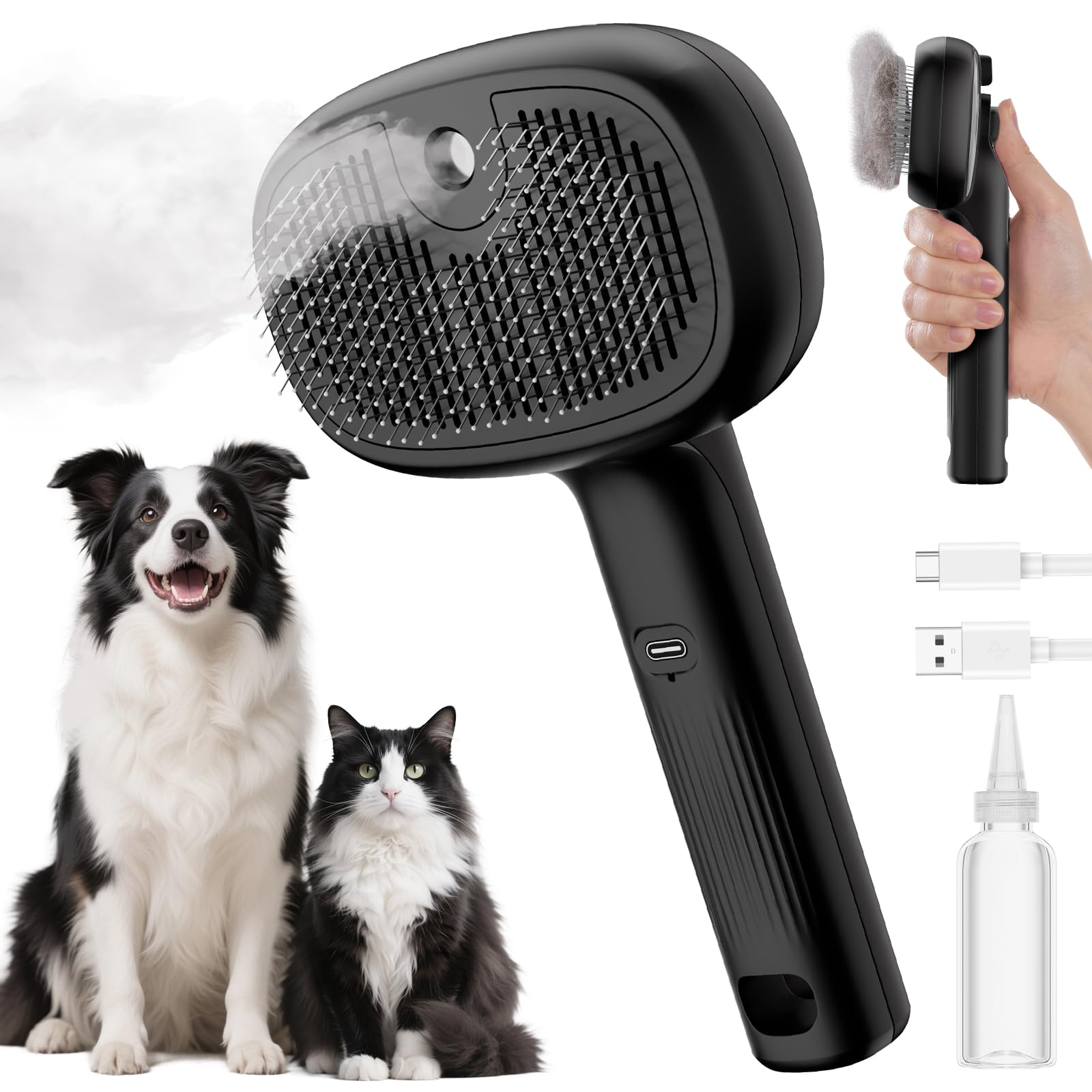 pecute Spazzola a Vapore per Gatti, Spazzola a Vapore per Cani, Funzione Nebbia Densa e Nebbia Fine, Non Riscalda, Epilazione con un Clic, Peli Lunghi e Corti, Serbatoio dell'acqua Visibile,Nero