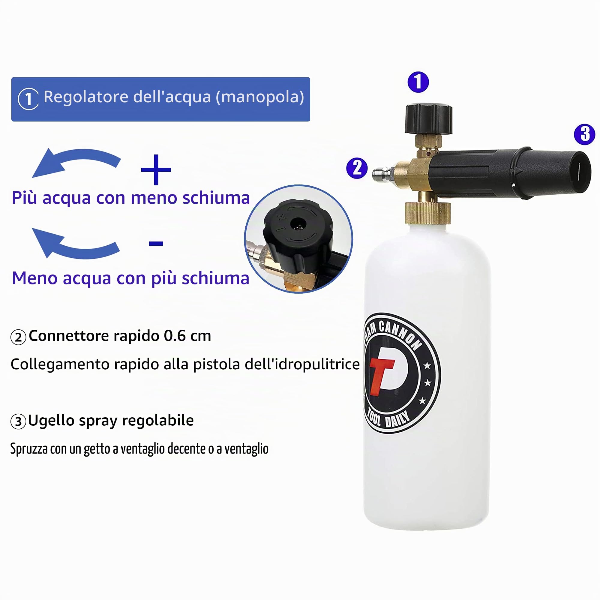 Tool Daily Pistola per idropulitrice corta con cannone in schiuma, connettore rapido da 1/4 di pollice, con 5 ugelli per idropulitrice, 1 litro