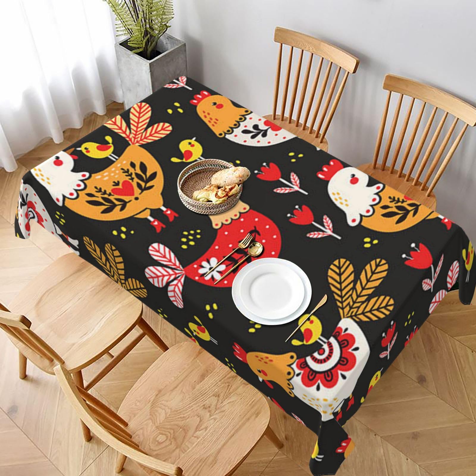 BNVSADC Cute Rooster Chickens Printed Rectangle Tablecloth 228x152 CM, Water Resistant Polyester Table Cloth Decorative Fabric Table Covers for Kitchen Dining Table Parties Camping