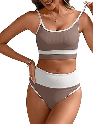 ANRABESS Women High Waisted Bikini Sets Color Block Summer Beach Vacation 2 Piece Bathing Suit Tummy Control Ribbed Swimsuit