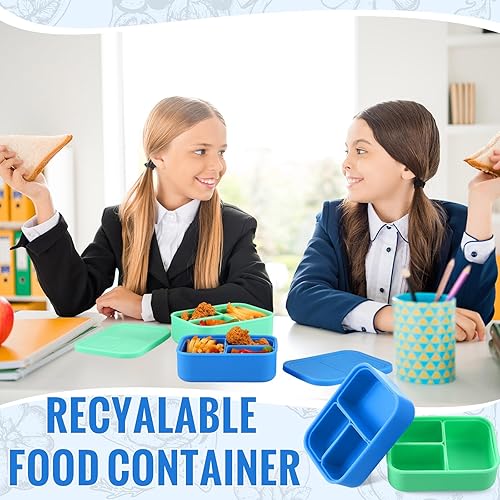 Miniatura 6 de Lonchera Bento de silicona de 2 piezas para niños, con 3 compartimentos, a prueba de fugas, contenedor para niños pequeños para microondas,