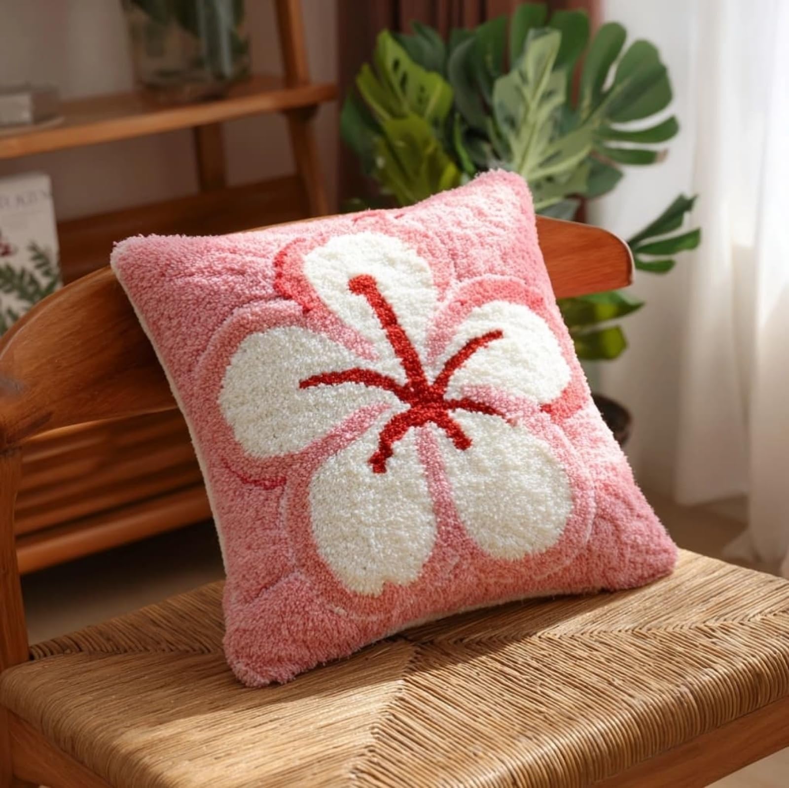 AxiangziK DIY Latch Hook Cushion Cover Kit,Pink Daisies 43x43cm Handmade Needlework Kit for Sofa & Bedroom Decorations