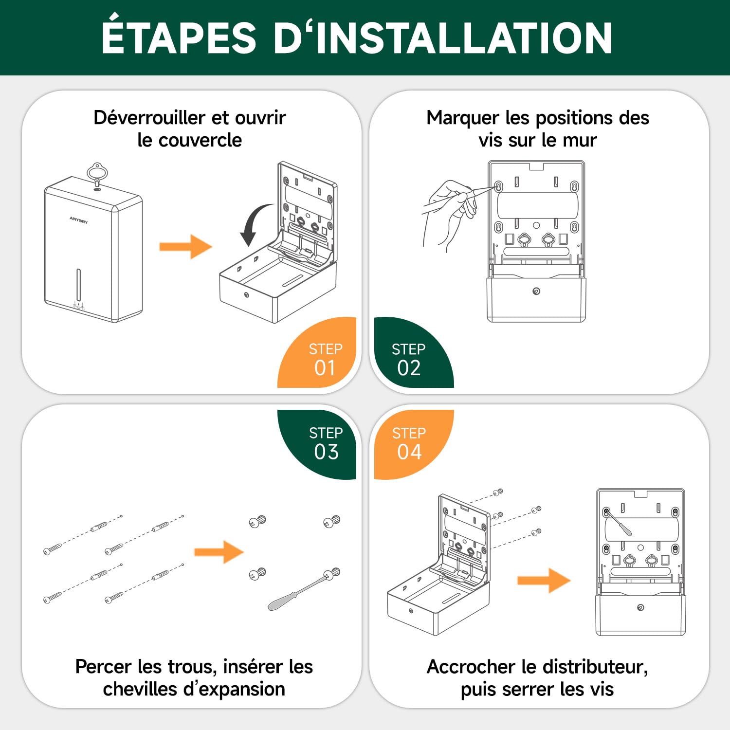 anydry Distributeur d'Essuie-Mains Mural, Pliage H3/V/ZZ, Taille Pliée Max 25,2 x 11,5 cm, Modèle 5302H, Noir