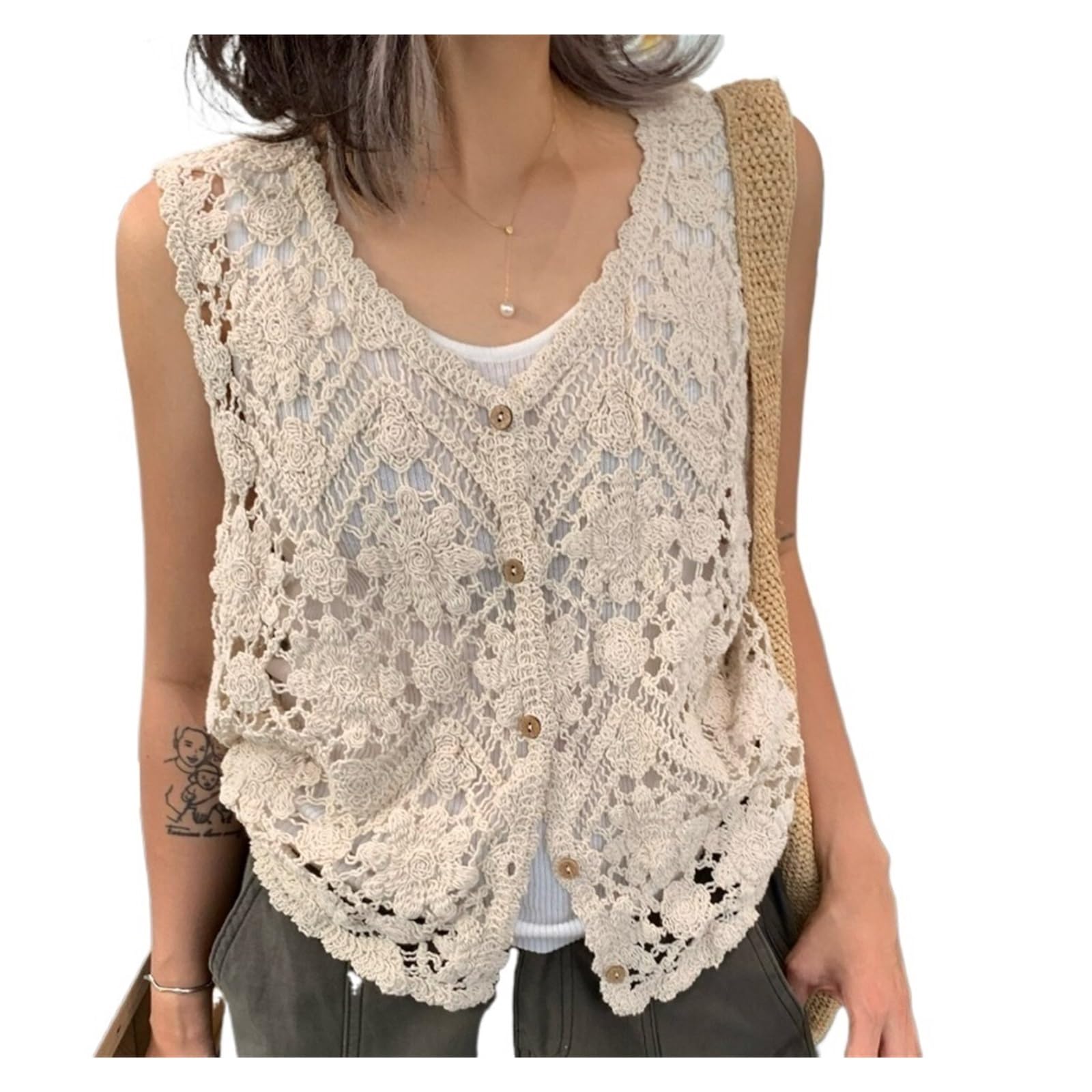 Cárdigan sin Mangas de Punto Abierto Crochet Floral Bordado