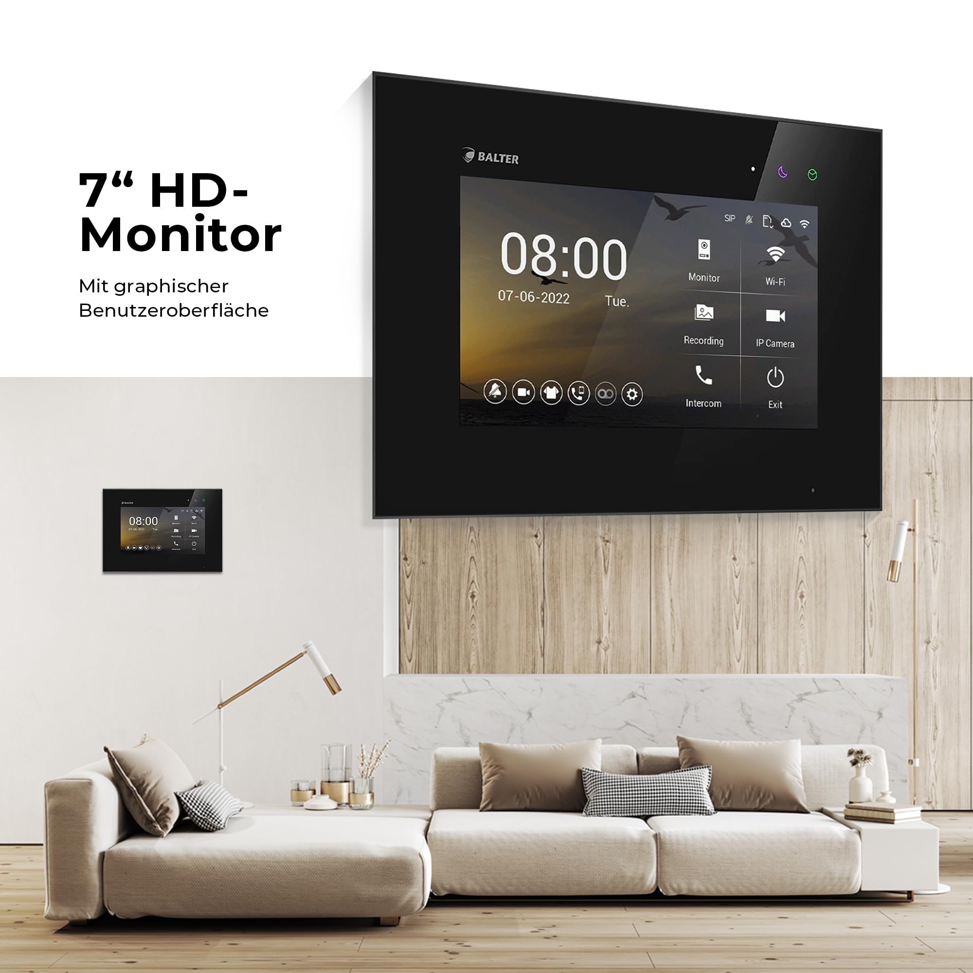 Balter EVO-HD Video Türsprechanlage mit Touchscreen Türstation, Video Türklingel, Smartphone App, 1 Familienhaus, 2X 7 Zoll Monitore, Türklingel mit Kamera Full HD, 2 Draht Bus, 175° Weitwinkel, RFID