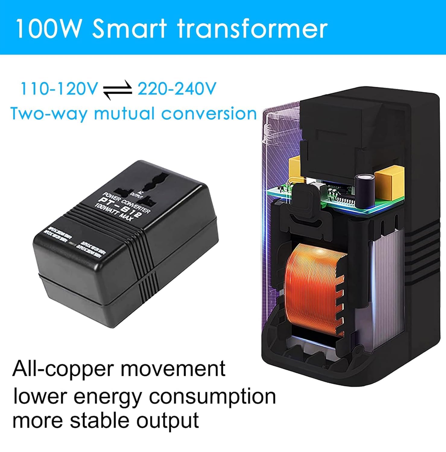 Transformateur Convertisseur De Tension, 100v-120v à 220v-240v 100w Adaptateur Universel De Voyage Adaptateur Prise, Abaissant/élévateur Convertisseur De Puissance Tension De Transformateur