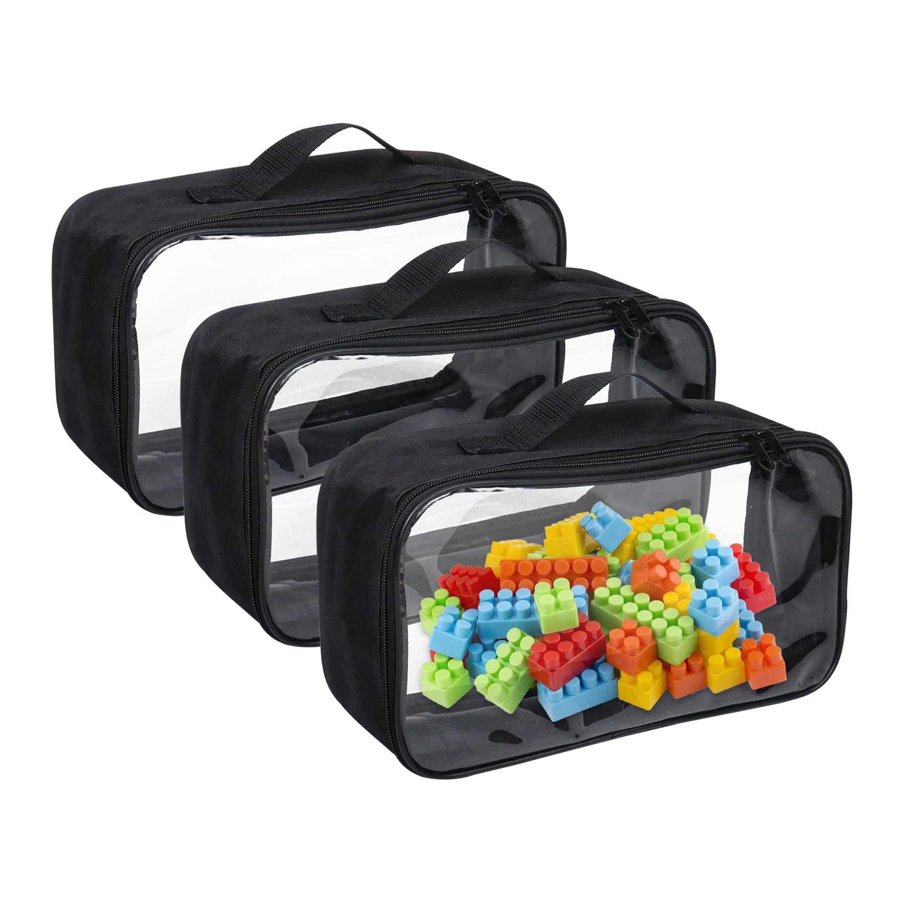 Klmnop 3 Packs Toy Storage Bags, Clear PVC Toy Organizer Bags with Zipper Handle, Waterproof Toy Storage Organizer for Small Toy, Board Games, Building Blocks(Black)