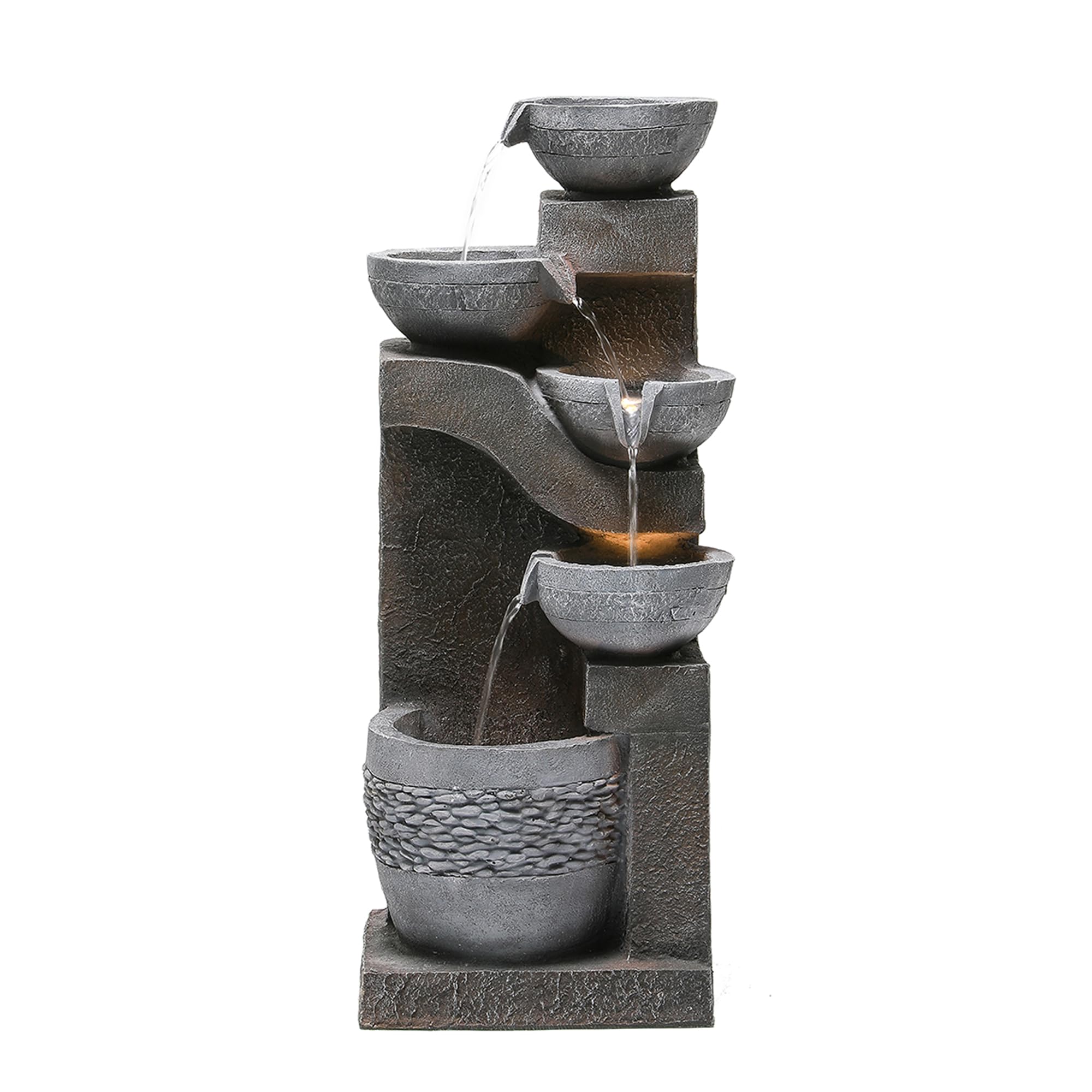 Fuente de Agua para Jardín y Exteriores, Fuente de Jardín con Iluminación LED, Cascada de 5 Niveles para Patio, Fuente Decorativa con Bombas, Decoración de Interior para Terraza, Gris