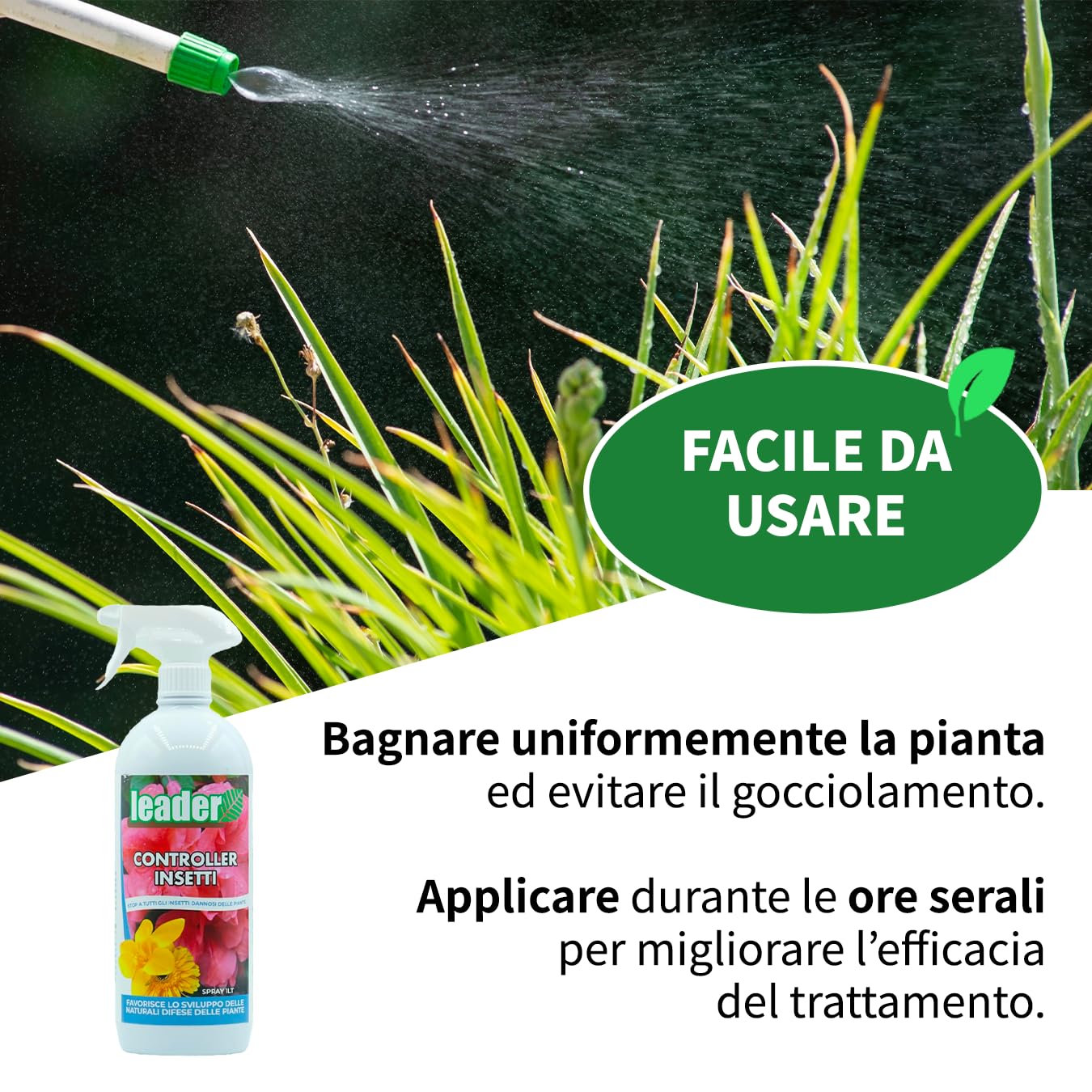 LEADER, Controller Insetti, Contiene Estratti Vegetali, Svolge un Effetto Repellente Contro gli Insetti Dannosi e Favorisce lo Sviluppo delle Difese delle Piante, Ampio Spettro d'Azione, Formato da 1L