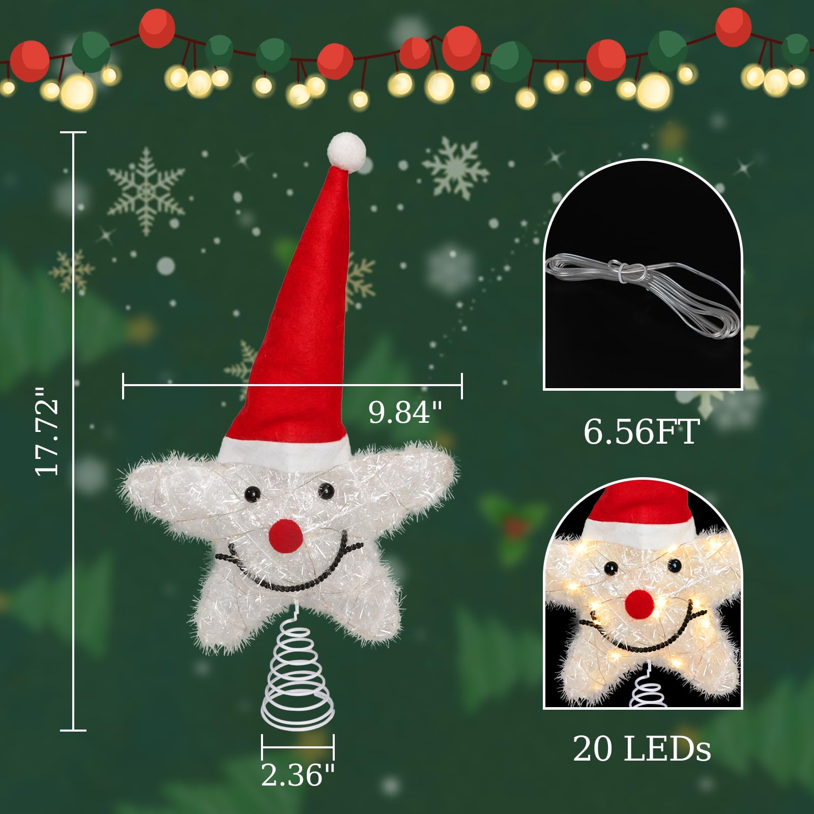 Puntale per albero di Natale a forma di stella, con 20 luci a LED bianco caldo, funzionamento a batteria, timer 6 ore, carino elfo bianco con faccia di elfo illuminato a stella, ornamento per la parte