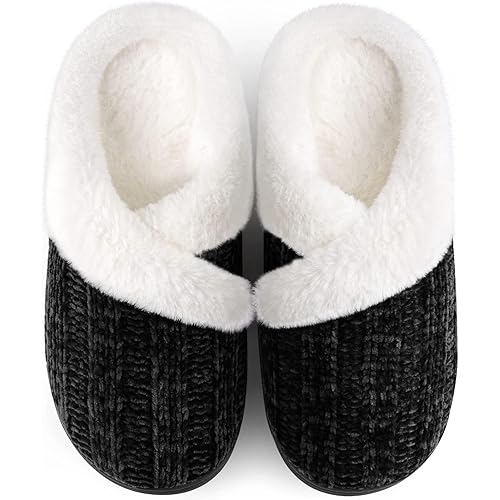 Slippers for Women Fuzzy House Slip on Indoor Outdoor Bedroom Furry Fleece Lined Ladies Comfy Memory Foam Female Home Shoes Anti-Skid Rubber Hard Sole