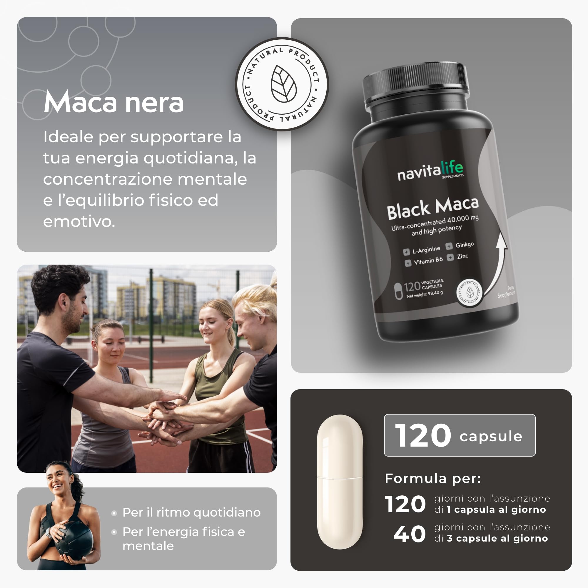 Maca Nera Peruviana Andina 40.000 mg (Estratto 25:1) | 120 Capsule per 4 Mesi | Alta Purezza | Con L-Arginina, Zinco, Ginkgo Biloba e Vitamina B6 | Energia, Vitalità e Performance | NavitaLife