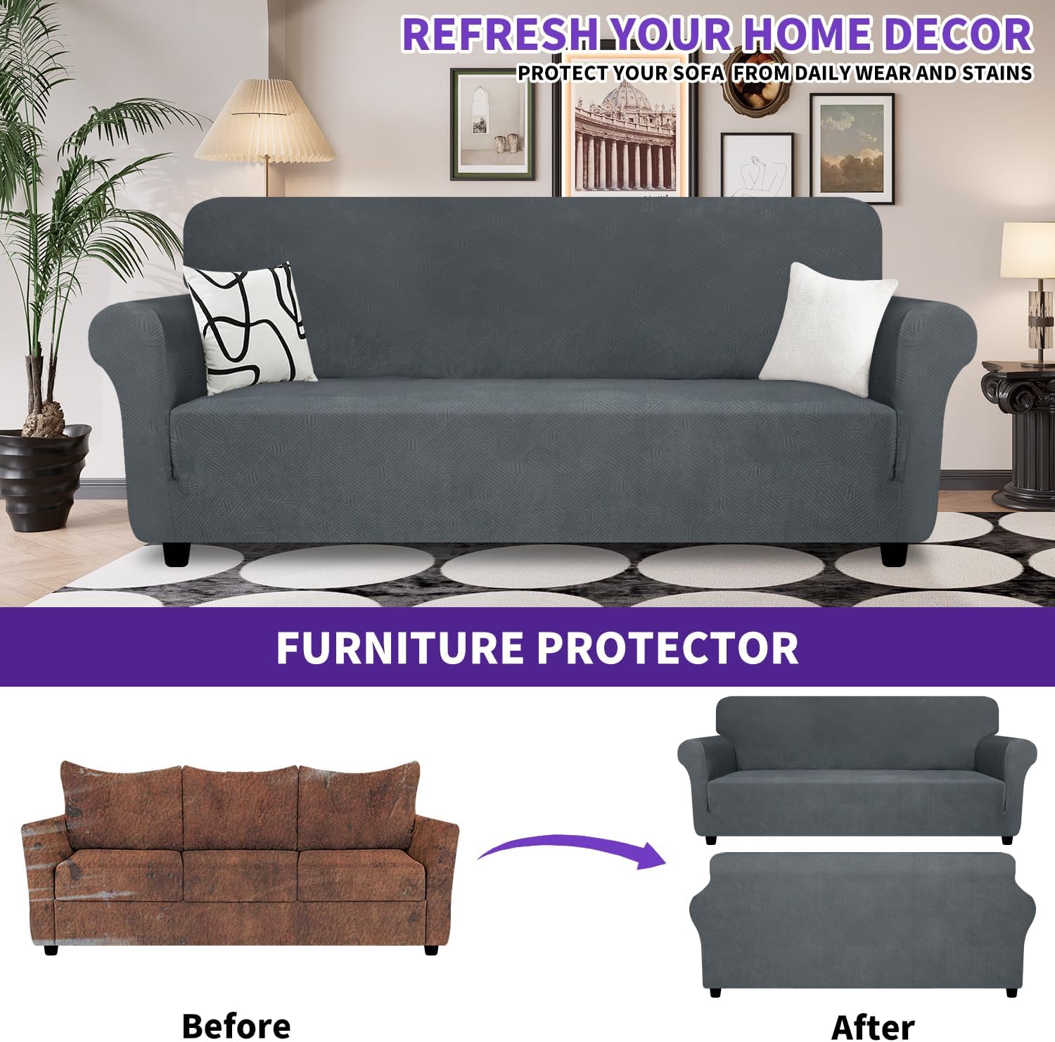 Super Stretch Couch Cover  New Striped Sofa Covers Fitted Slipcovers with Elastic Bottom, Dog Cat Pets Proof Spandex Fabric Comfortable & Durable (Dark Grey, Sofa)