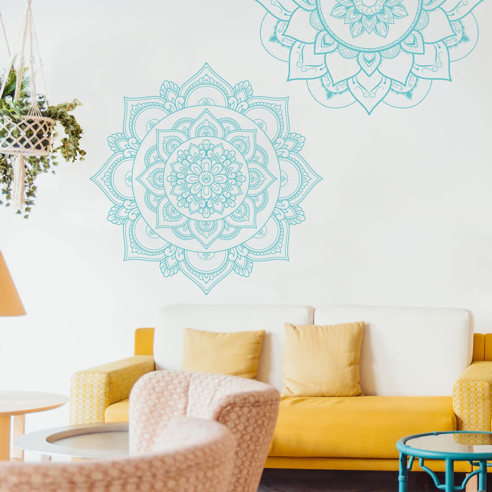 4 Pcs Half Mandala Wall Decal Boho Mandala Wall Sticker Hippie Mandala Vinyl Wall Decals Flower Wall Stickers Headboard Wall Decoration Indian Namaste Flower for Bedroom Living Room Yoga (Blue Green)
