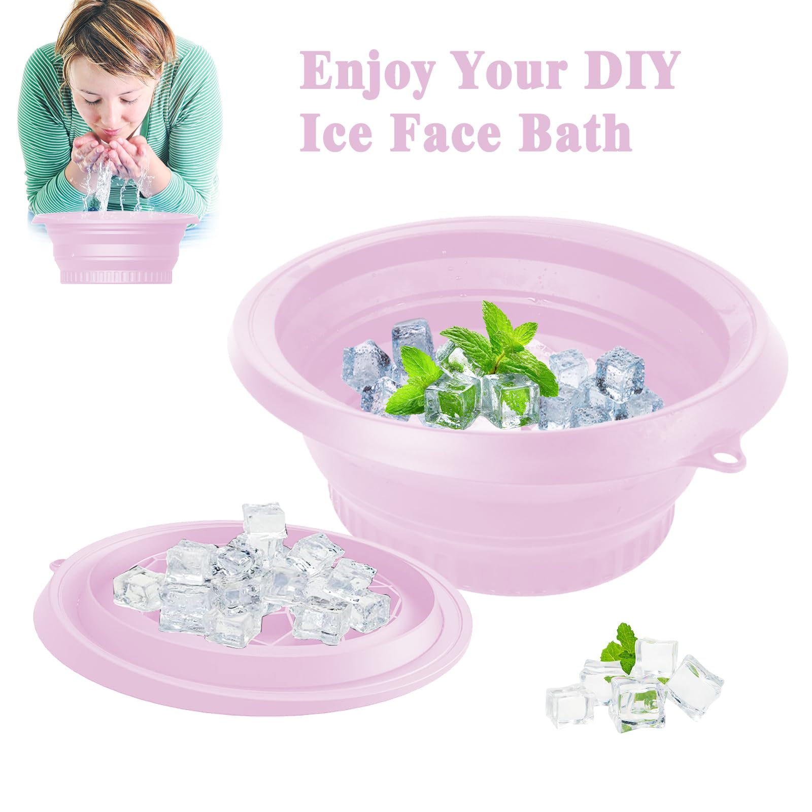 Cuenco grande de silicona para baño de hielo facial con icetray integrado, diseño plegable y colgante para un fácil almacenamiento y transporte, baño de hielo facial en casa y viajes (morado)