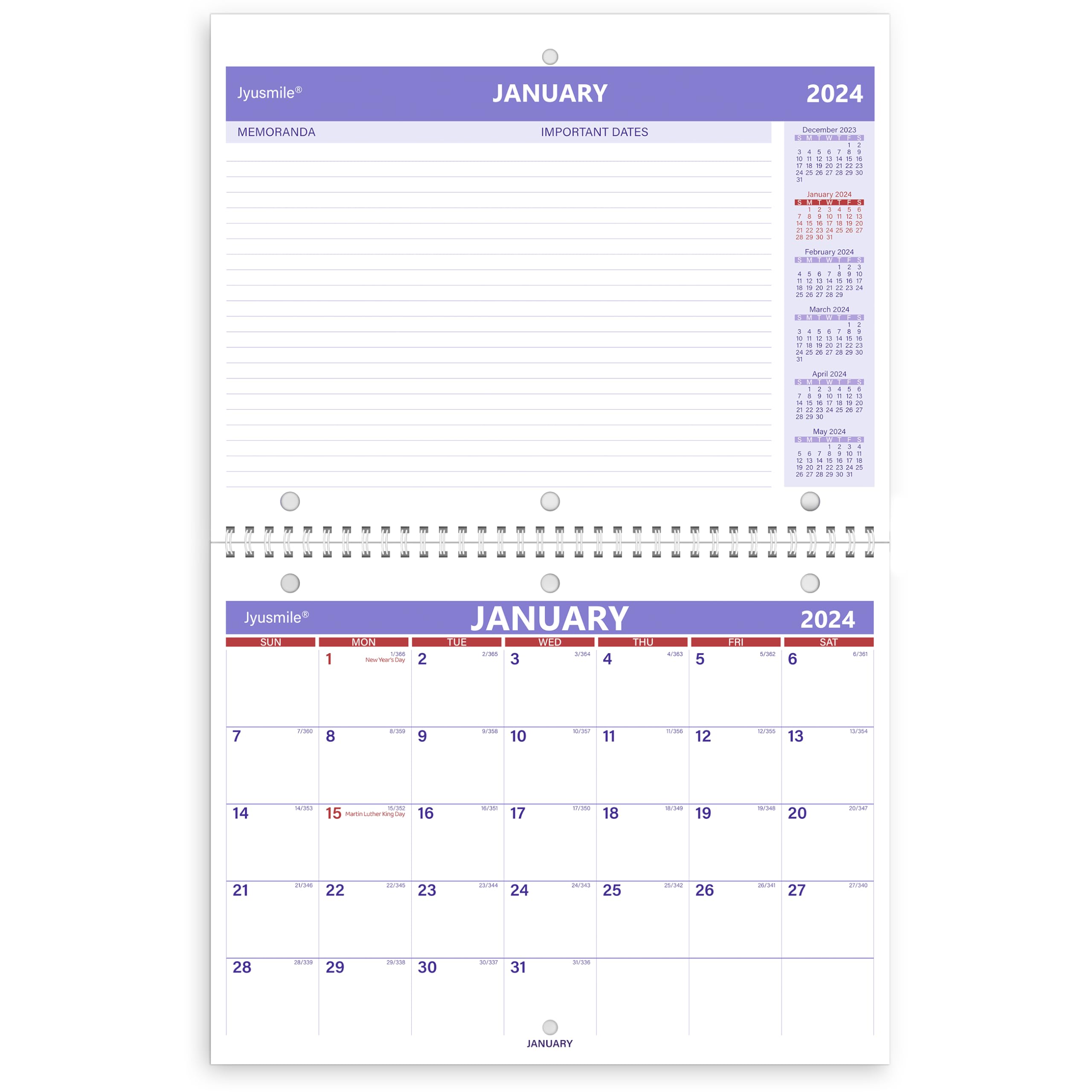 Amazon.com: wall & desk calendar, 2024 calendar 12 month planner,  year-round monthly calendar, twin-wire spiral bound, 3-hole for binder or  hanging, unruled blocks with julian date, thick paper (8.5