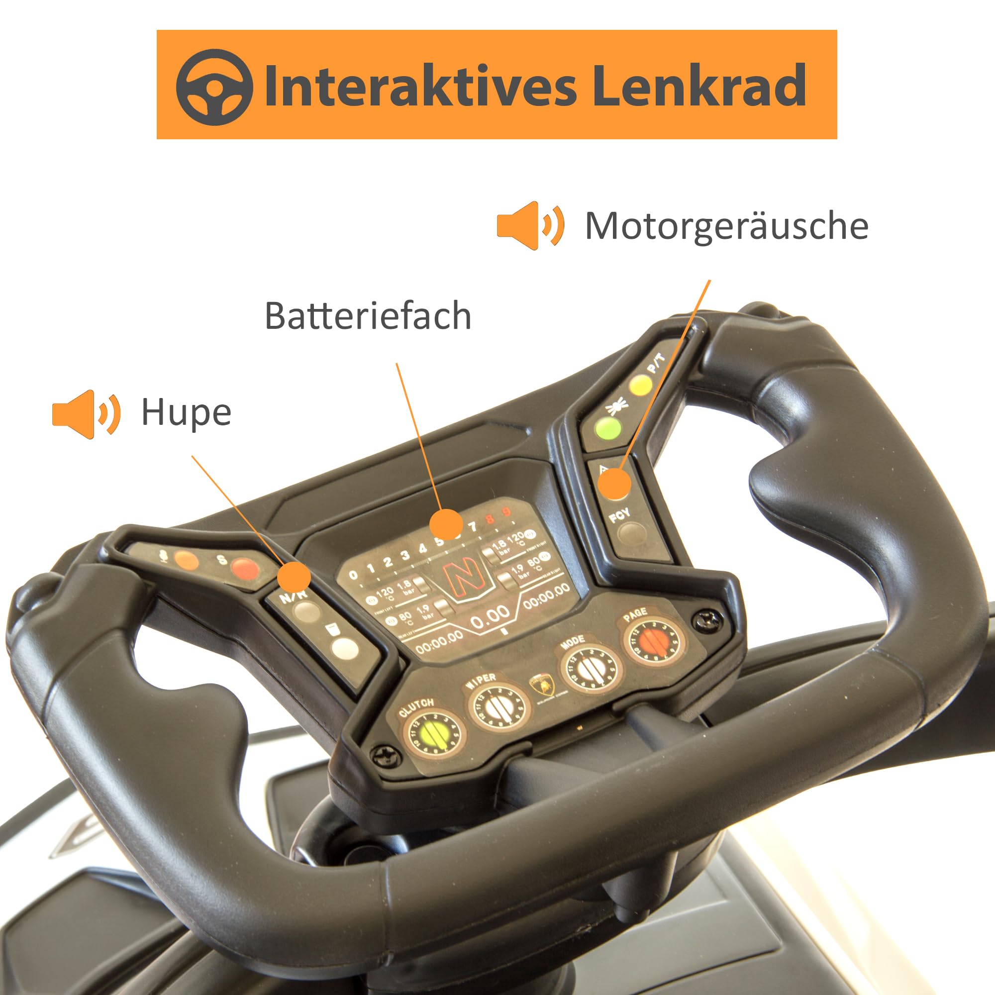 Lamborghini Rutschauto mit Schiebstange ab 1 Jahr | Rutschfahrzeug mit Sicherheitsbügel | Schiebeauto Lamborghini in weiß| Lenkung via Stange möglich | Staufach | Fußablage | Sound