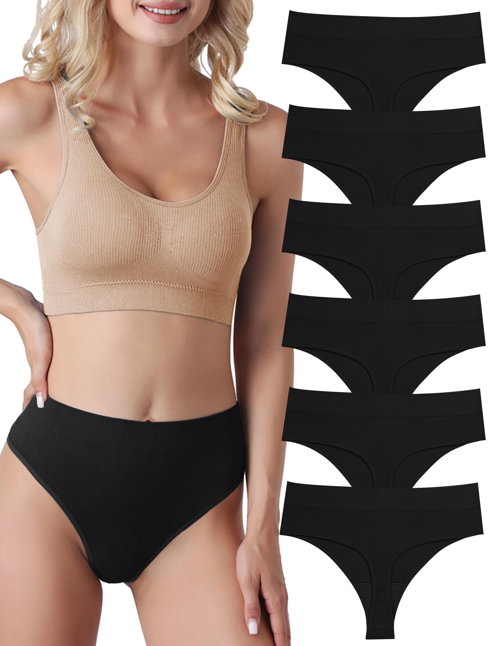 Lot de 6 strings pour femme - Culotte gainante - String sans couture - String pour femme - Taille haute - Sous-vêtements pour femme - Coton - Respirant - Doux