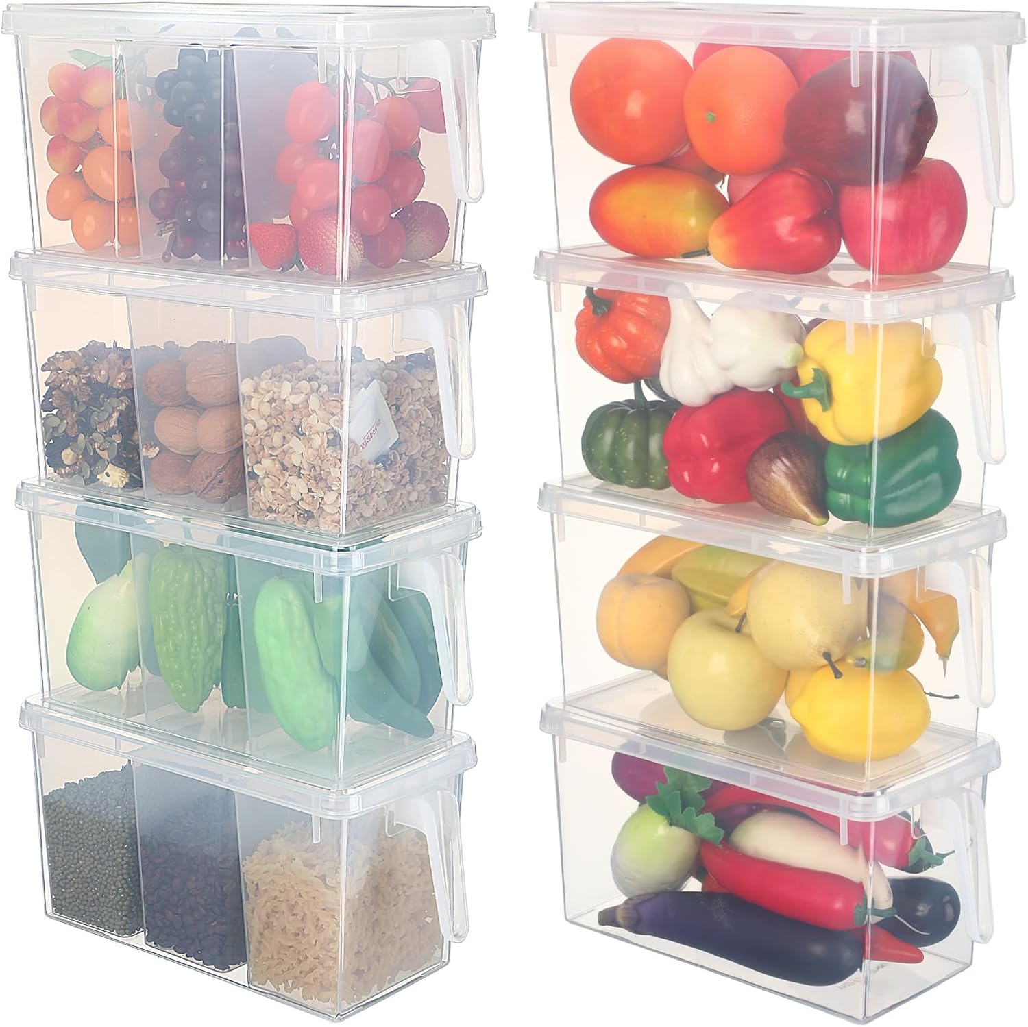 8 Pcs Fridge Organizer Refrigerator Organizer Bins with Lids and Handle Clear Fruit Storage Containers for Fridge Vegetable, Egg, Meat (Divided and Normal Style)