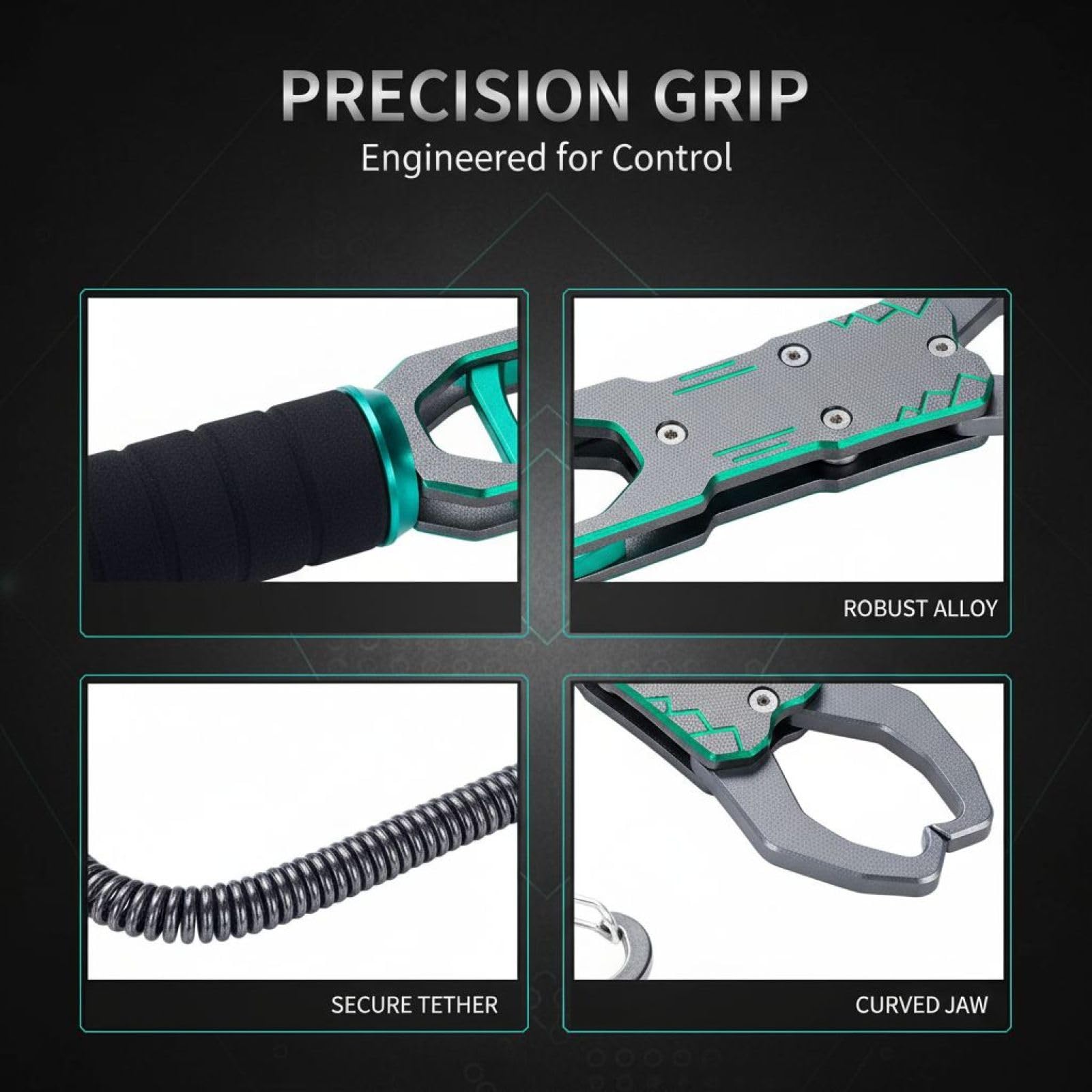 Generisch Herramienta de pesca de aluminio de 11 in / 28 cm para agarrar y controlar, ligera y resistente a la corrosión, con agarre seguro, mango giratorio de 360 grados y cuerda antipérdida