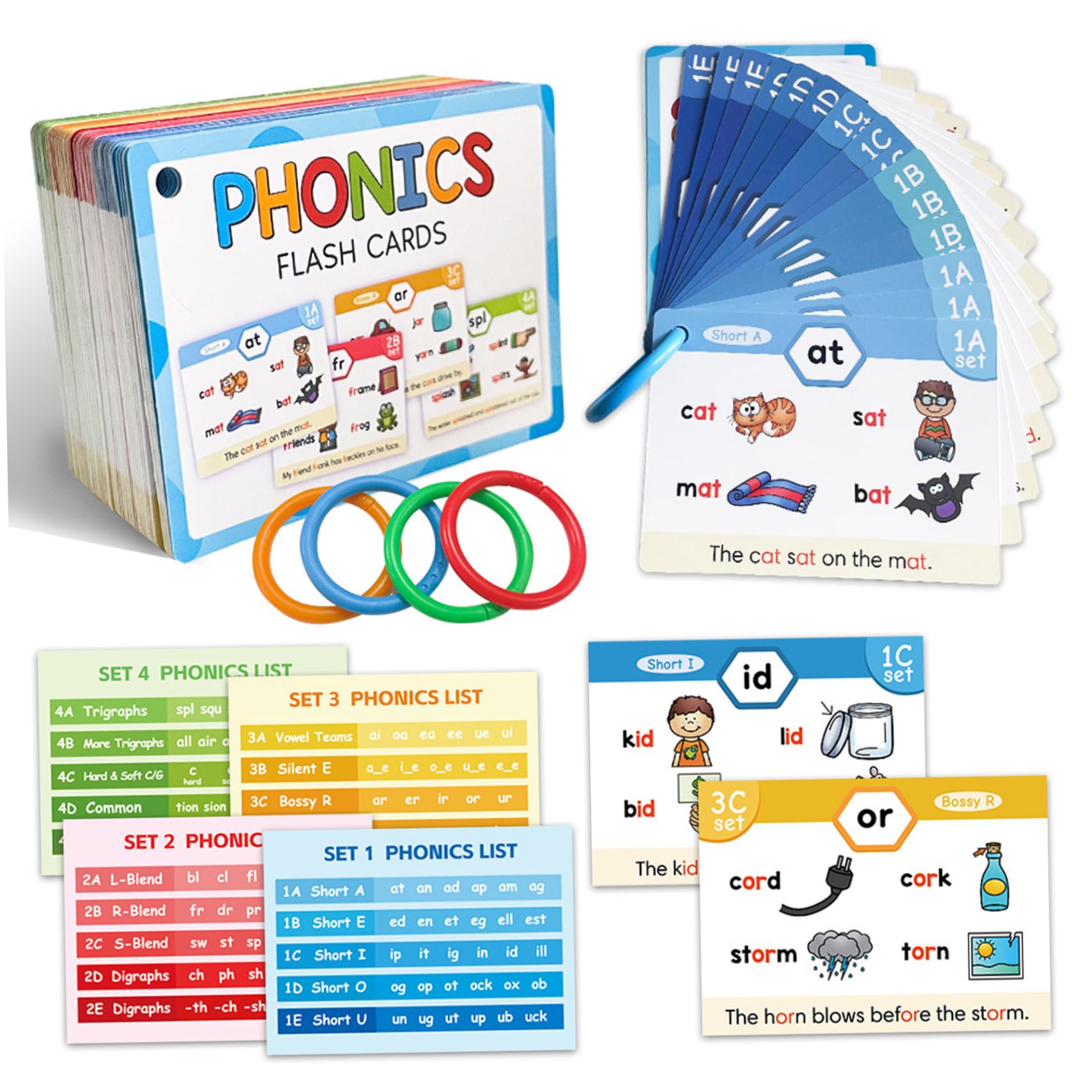 65 Pack Phonics Flash Cards for Kids Ages 4-8 with 118 Phonics Sounds, Learn to Read Reading Flash Cards with Colorful Rings for Easy Storage & Organization