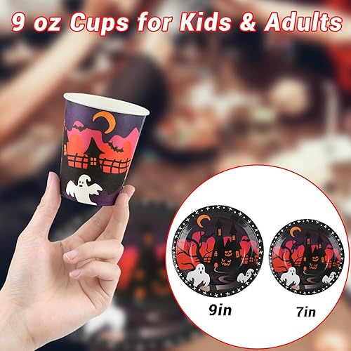 Miniatura 4 de DIYASY Platos y servilletas de Halloween, suministros para fiesta, platos de papel y tazas, platos desechables para cena, platos de postre a granel,