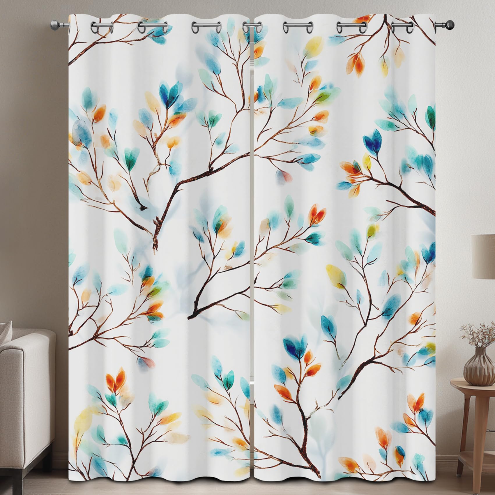 Generisch Bunt Blätter Vorhänge Blickdicht, Boho Blume Gardinen mit Ösen für Wohnzimmer Schlafzimmer, Thermovorhang Kälteschutz Fenster 2er Set H 137 x B 117 - Sd&i294