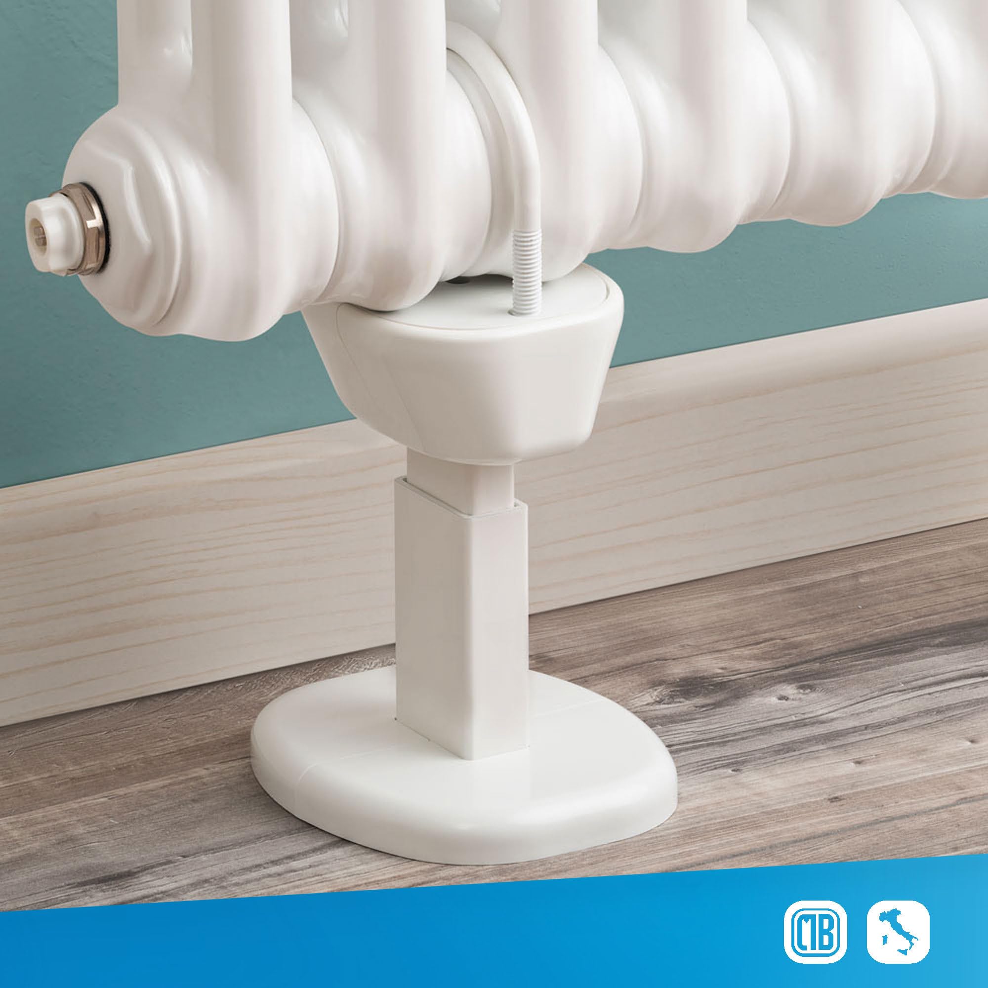 Supporto a pavimento per termosifoni tubolari aventi collettore con diametro da 45 mm a 60 mm con portata fino a 200kg. Sistema Anti Sgancio avanzato per massima sicurezza.