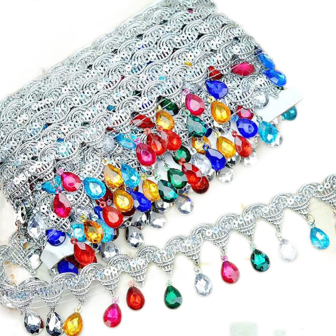 Yalulu4.5 Yard Hanging Beads Fringe Lace Rhinestone Braided Ribbons Sewing Fringe Tassel Trim Apparel Trims DIY Craft Sewing Accessory (Silver-Multi)