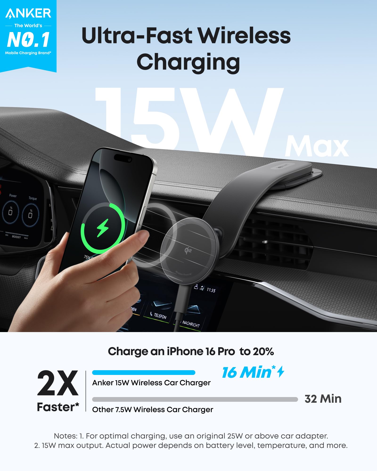 Anker Nano 15W Qi2 kabelloses Kfz-Ladegerät, 360° einstellbar