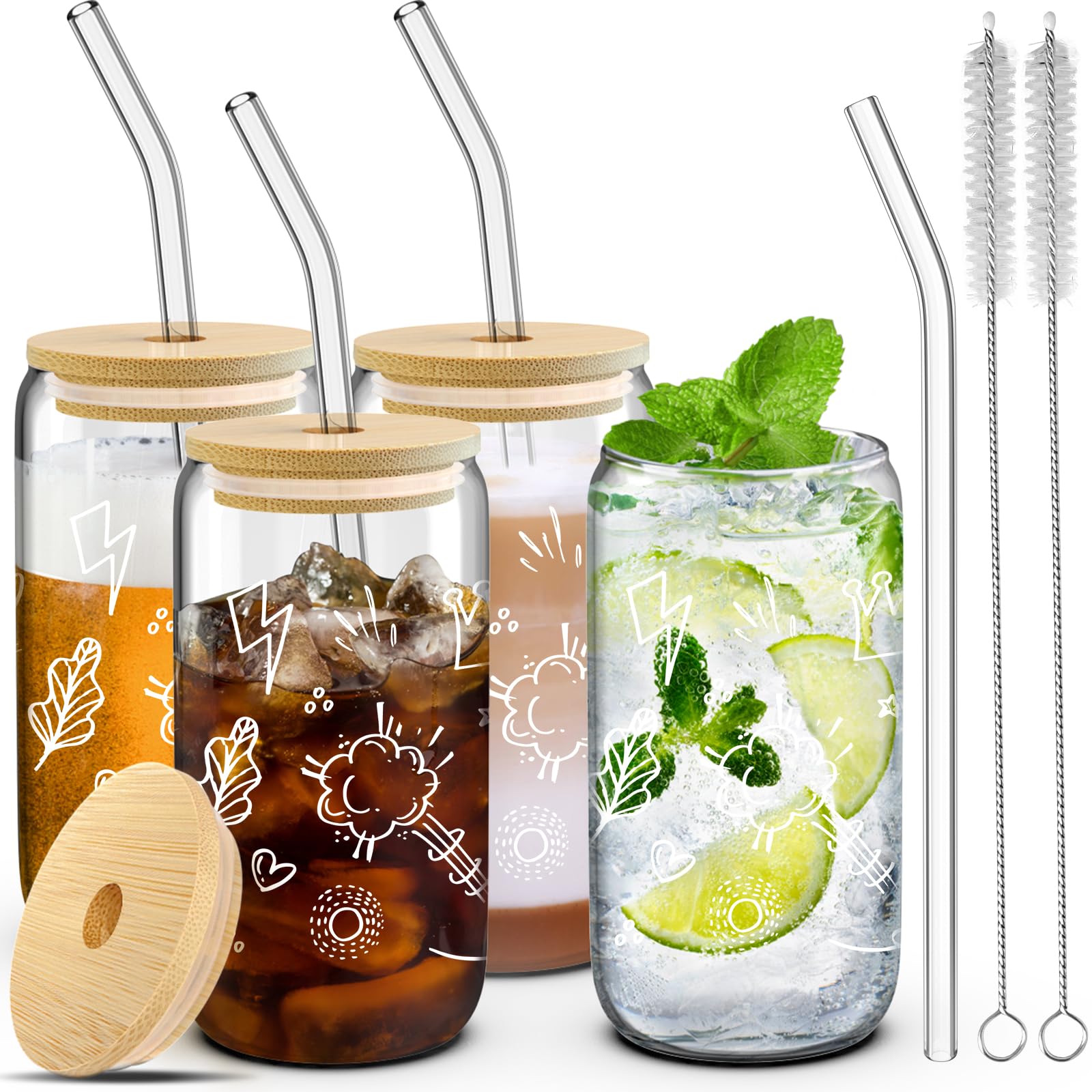 4 Set Glass Cups with Lids and Straws 16 oz, Glasses Drinking Set, Iced Glass Coffee Cups, Tea cups with Bamboo Lids, Straws & 2 Brushes, Drinking Glasses Tumbler, Flash