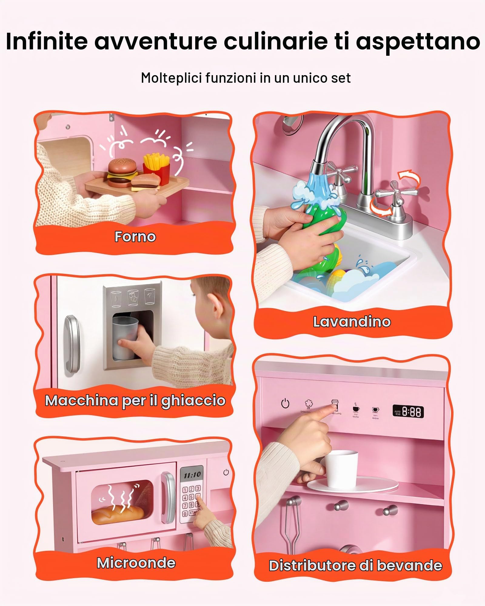VEVOR Cucina Giocattolo per Bambini in Legno, Set da Cucina Giocattolo con Luci e Suoni Realistici, Cibo e Pentole, Microonde e Forno con Manopole, Gioco di Ruolo, per Bambini da 3 a 8 Anni, Rosa