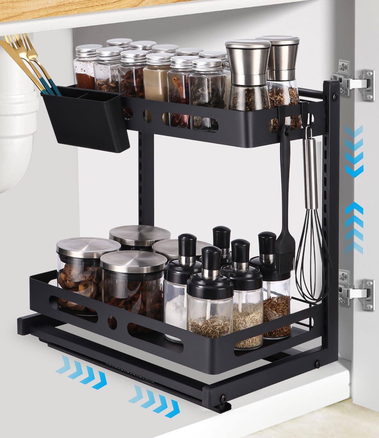 TIDEVAN Organizador Cocina 2 Niveles Estante Organizador Estantería Bajo Fregadero Organizador Extraíble con 6 Ganchos y 1 Vasos Colgantes Metal 2 Niveles Organizador Extraíble para Cocina Baño Negr