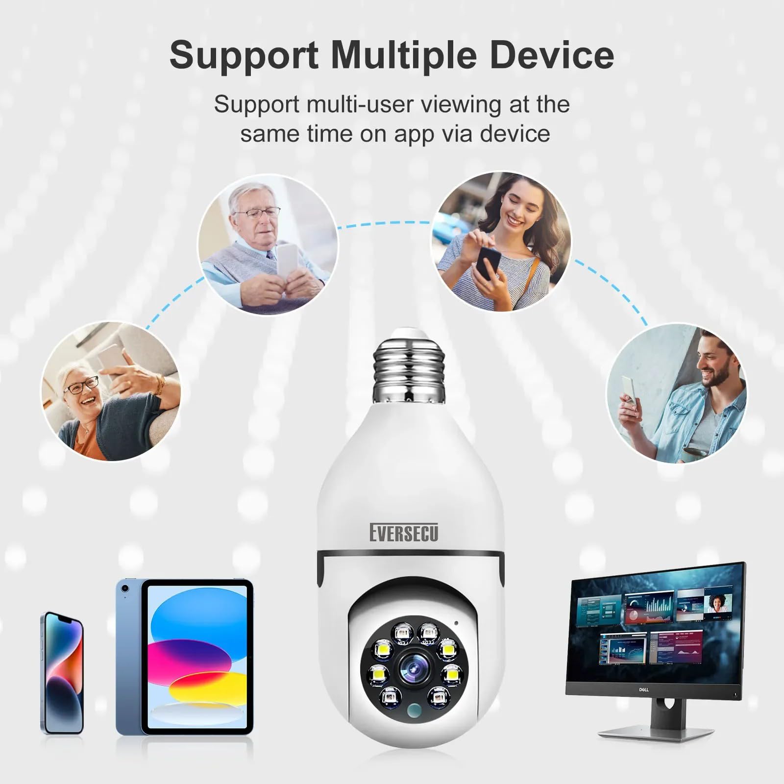 EVERSECU Lot de 4 ampoules sans fil 1080p avec caméra de sécurité, WiFi 2,4 g et 5 g, suivi automatique, audio bidirectionnel, vision nocturne intelligente, compatible ONVIF et RTSP, fonctionne avec