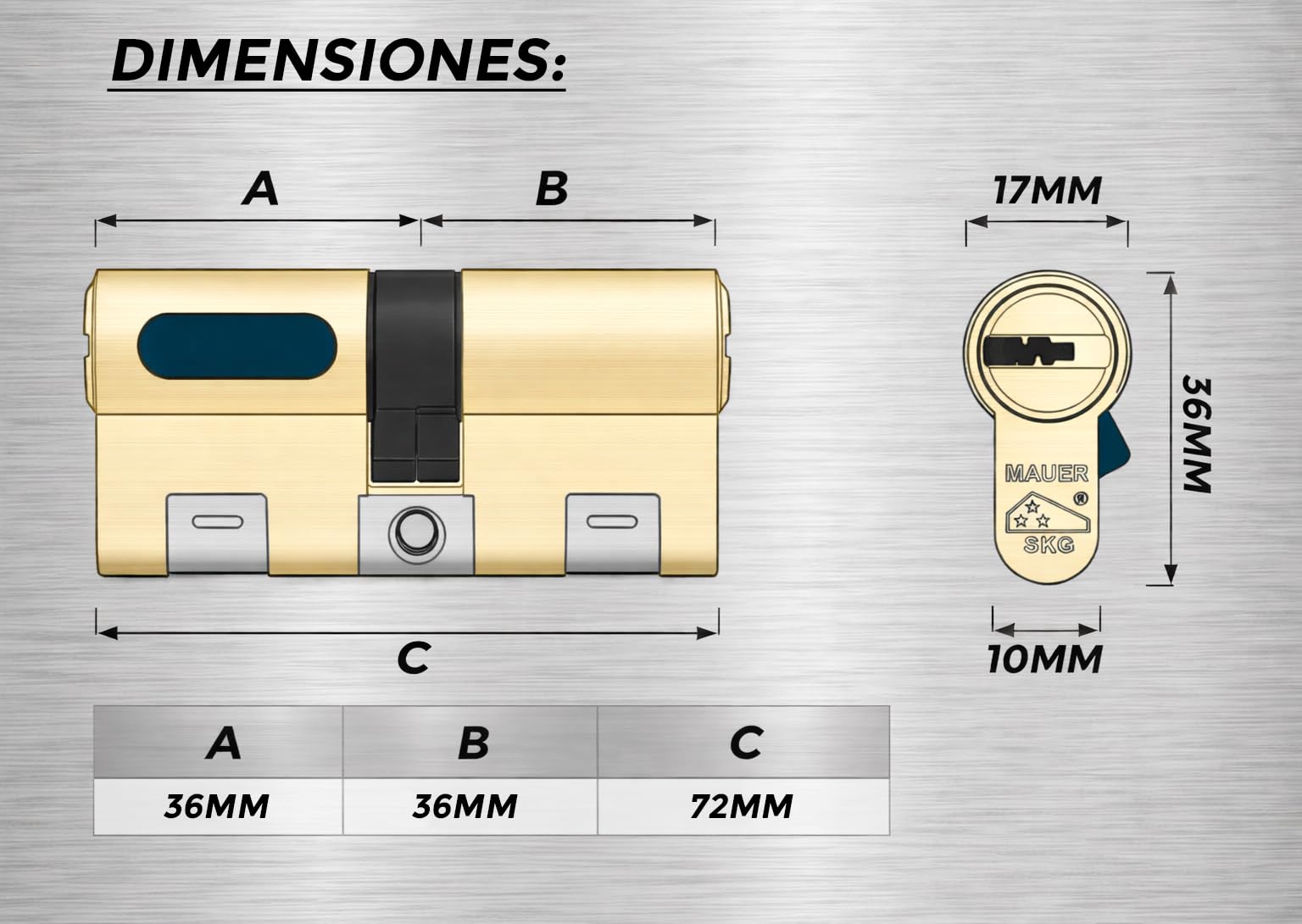 MAUER NW5 Bombin de Seguridad 36x36 DOBLE EMBRAGUE Color Laton | Destornillador, Cilindro Bombillo Reforzado Anti Impresioning Anti Rotura Anti-Taladro Leva Anti-Extracción Cerradura